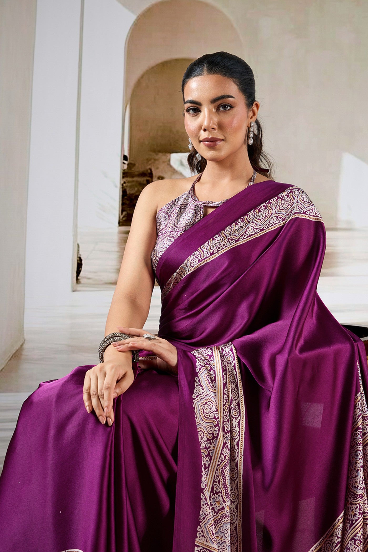 Buy MySilkLove Purple pizzazz Ajrakh Printed Satin Crepe Silk Saree Online