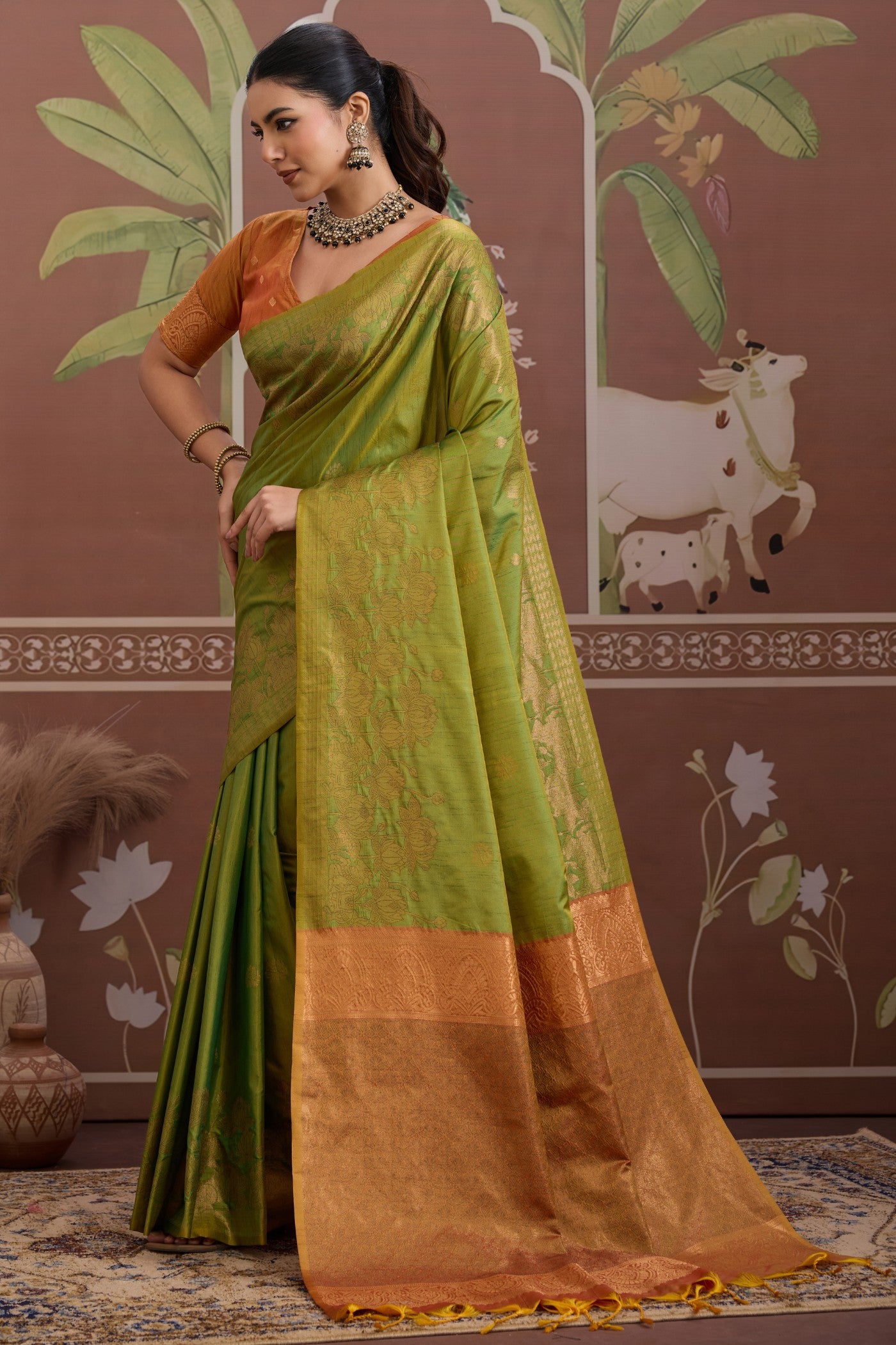 Buy MySilkLove Charteuse Green Banarasi Handloom Tussar Saree Online