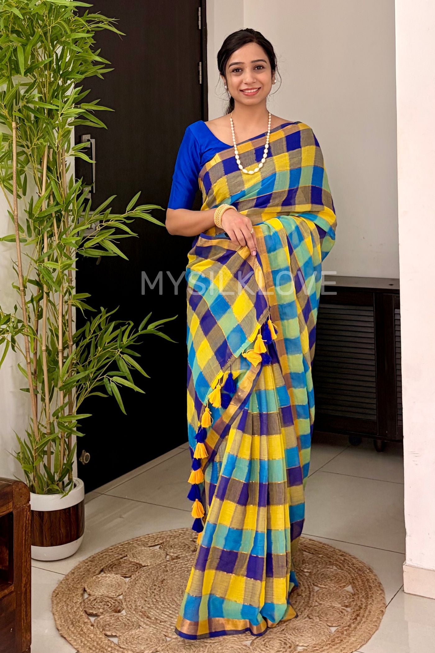 Buy MySilkLove Multicolor Yellow Pure Mul Mul Cotton Checks Pattern Zari woven saree Online