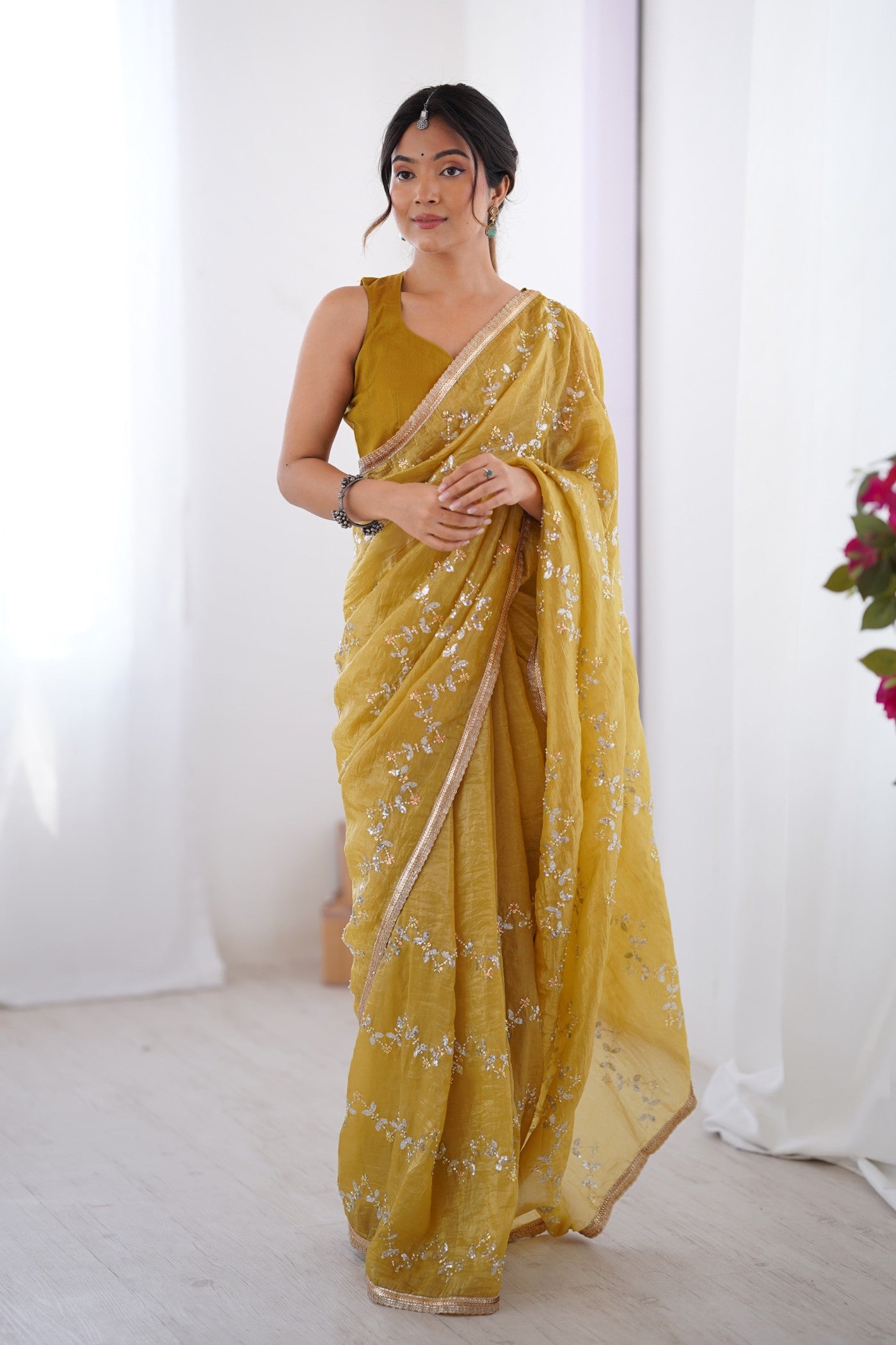 Buy MySilkLove Flax Yellow Designer Partywear Saree Online