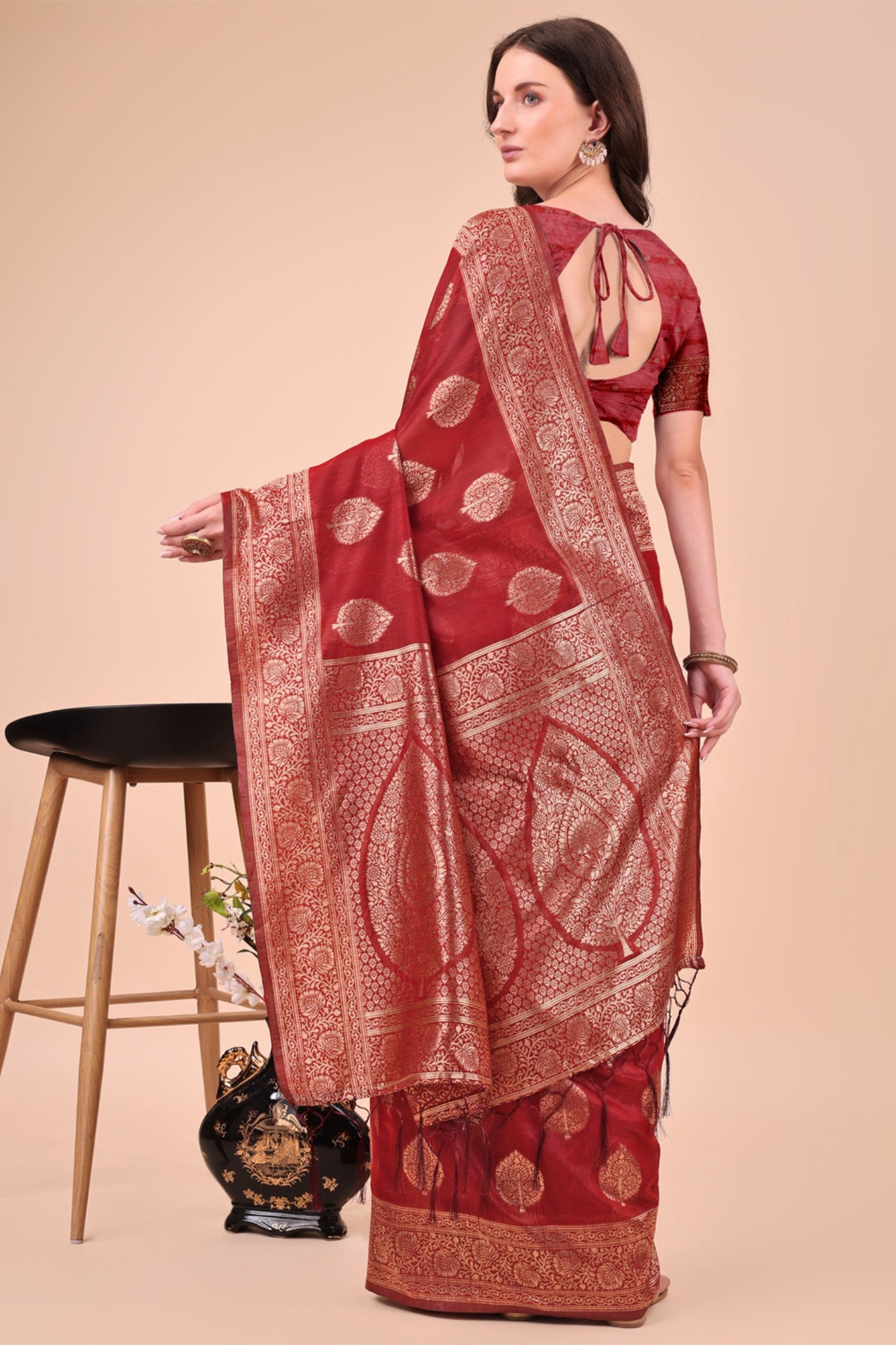 Buy MySilkLove Garnet Red Woven Cotton Saree Online
