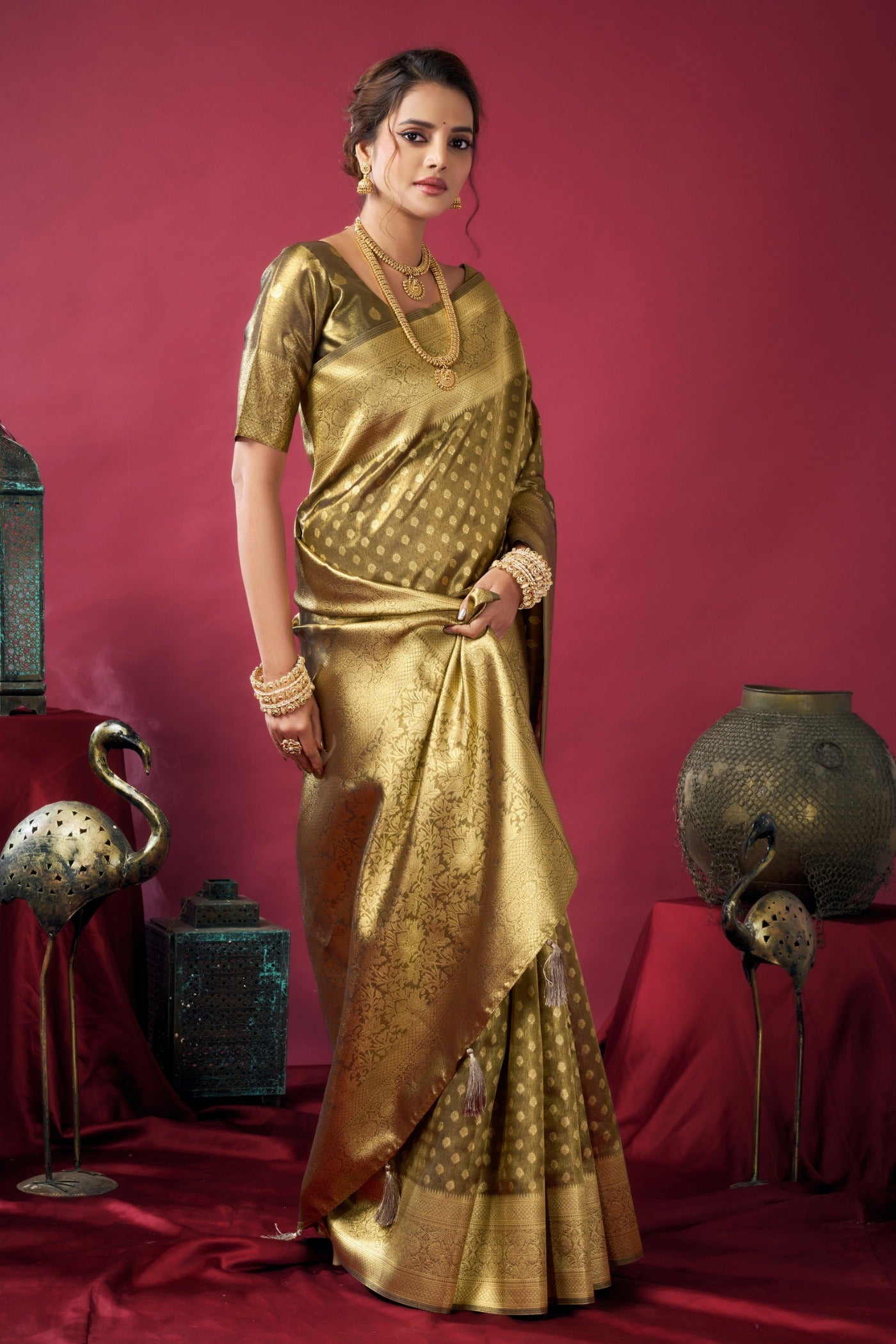 Buy MySilkLove Cadmium Green Handloom Tissue Silk Saree Online
