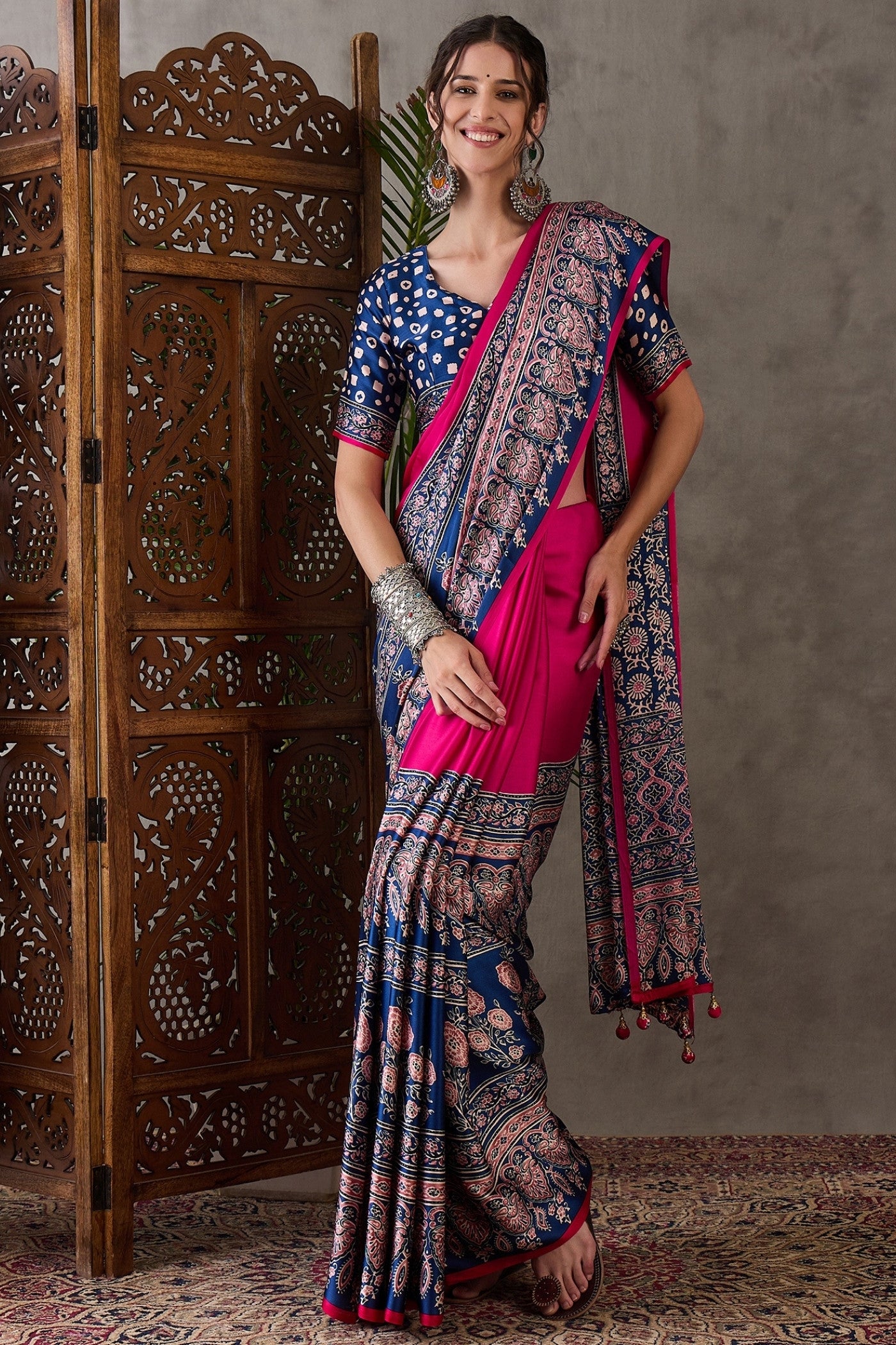 Buy MySilkLove Magenta Pink Printed Satin Gaji Silk Saree Online