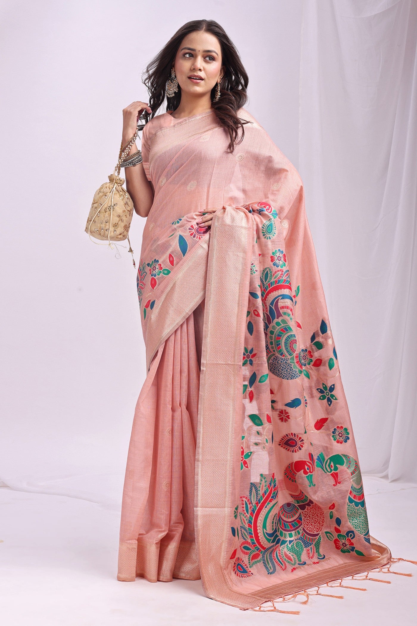 Buy MySilkLove Melon Peach Woven Linen Cotton Saree Online
