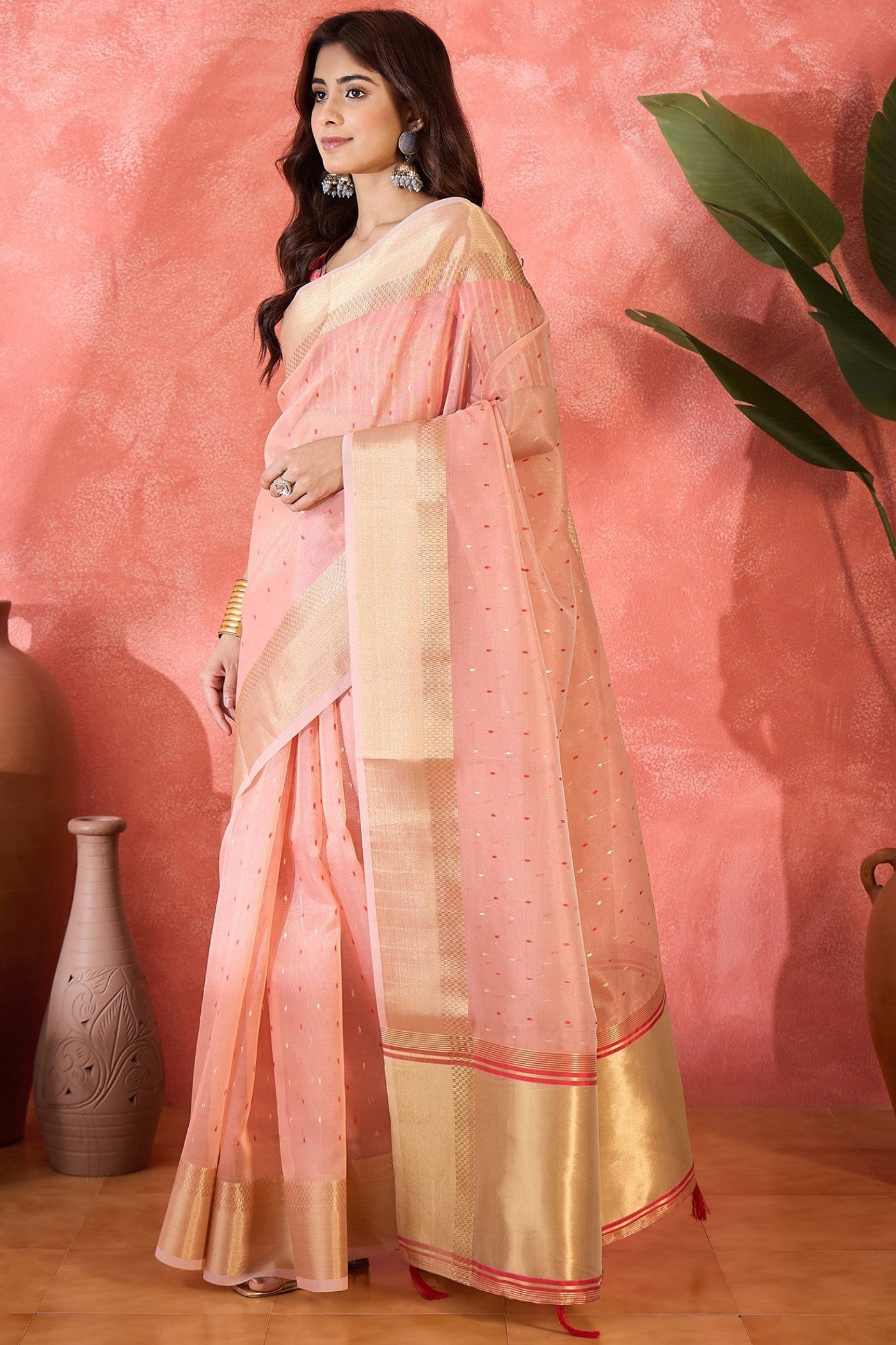 Buy MySilkLove Beauty Pink Woven Organza Saree Online