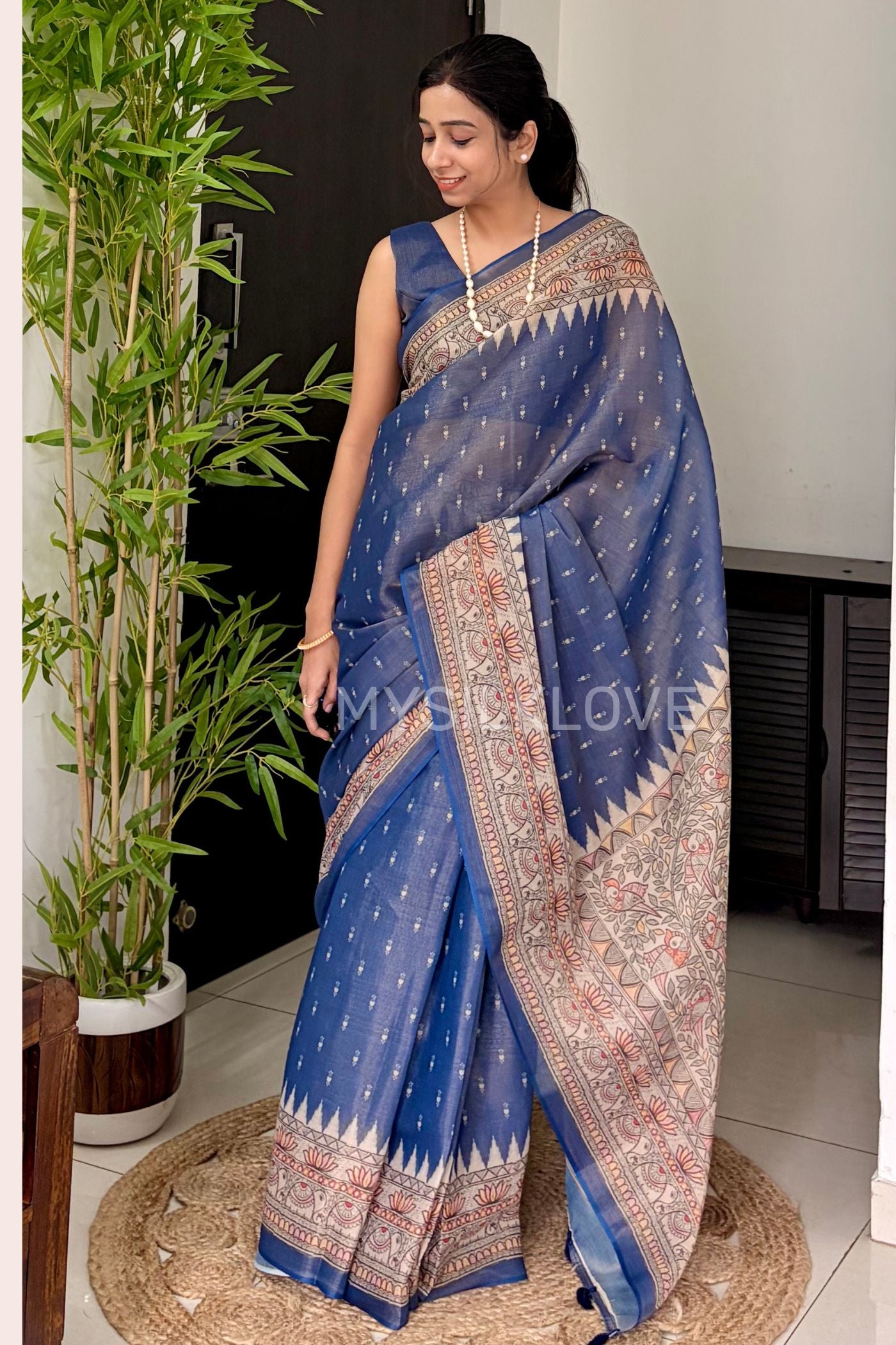 Buy MySilkLove Blue Kalmakari Linen Cotton Printed Saree Online