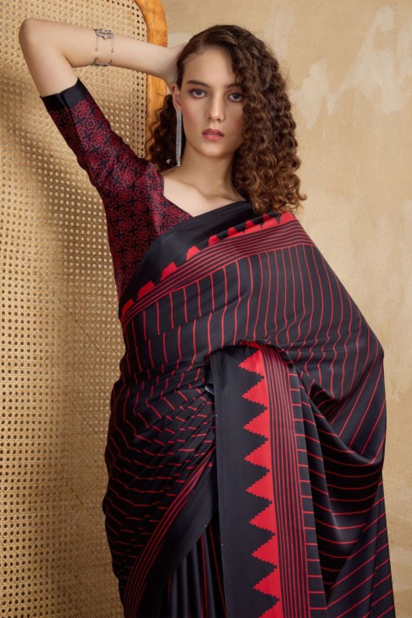 Buy MySilkLove Retro Black Ajrakh Printed Satin Crepe Silk Saree Online
