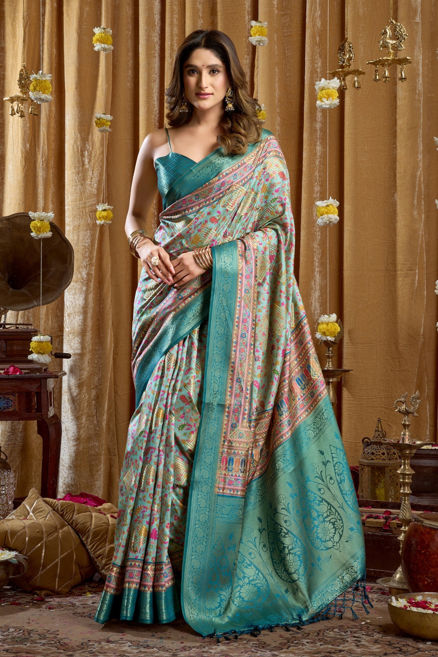 Buy MySilkLove France Blue Digital Printed Banarasi Saree Online