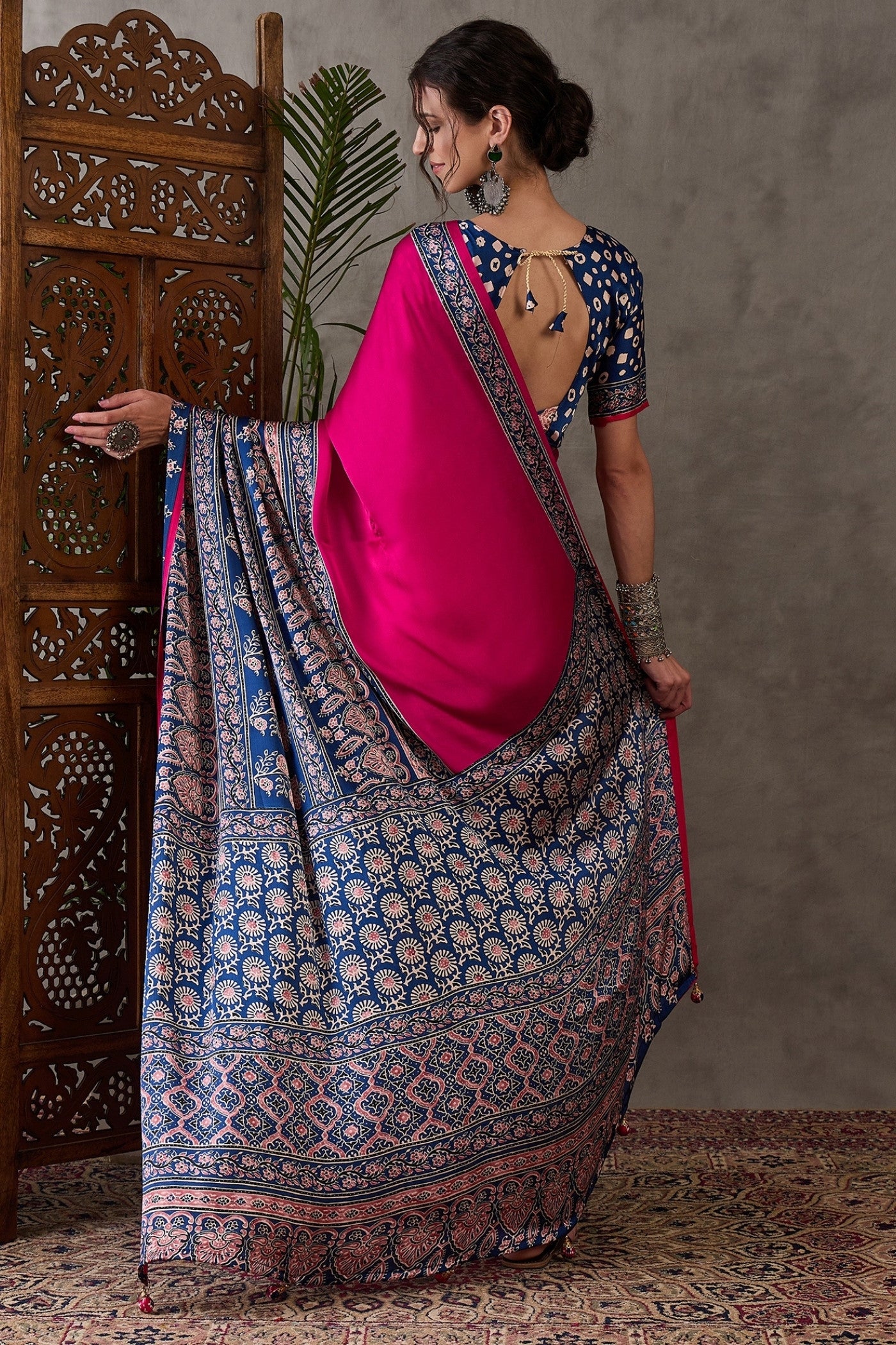 Buy MySilkLove Magenta Pink Printed Satin Gaji Silk Saree Online