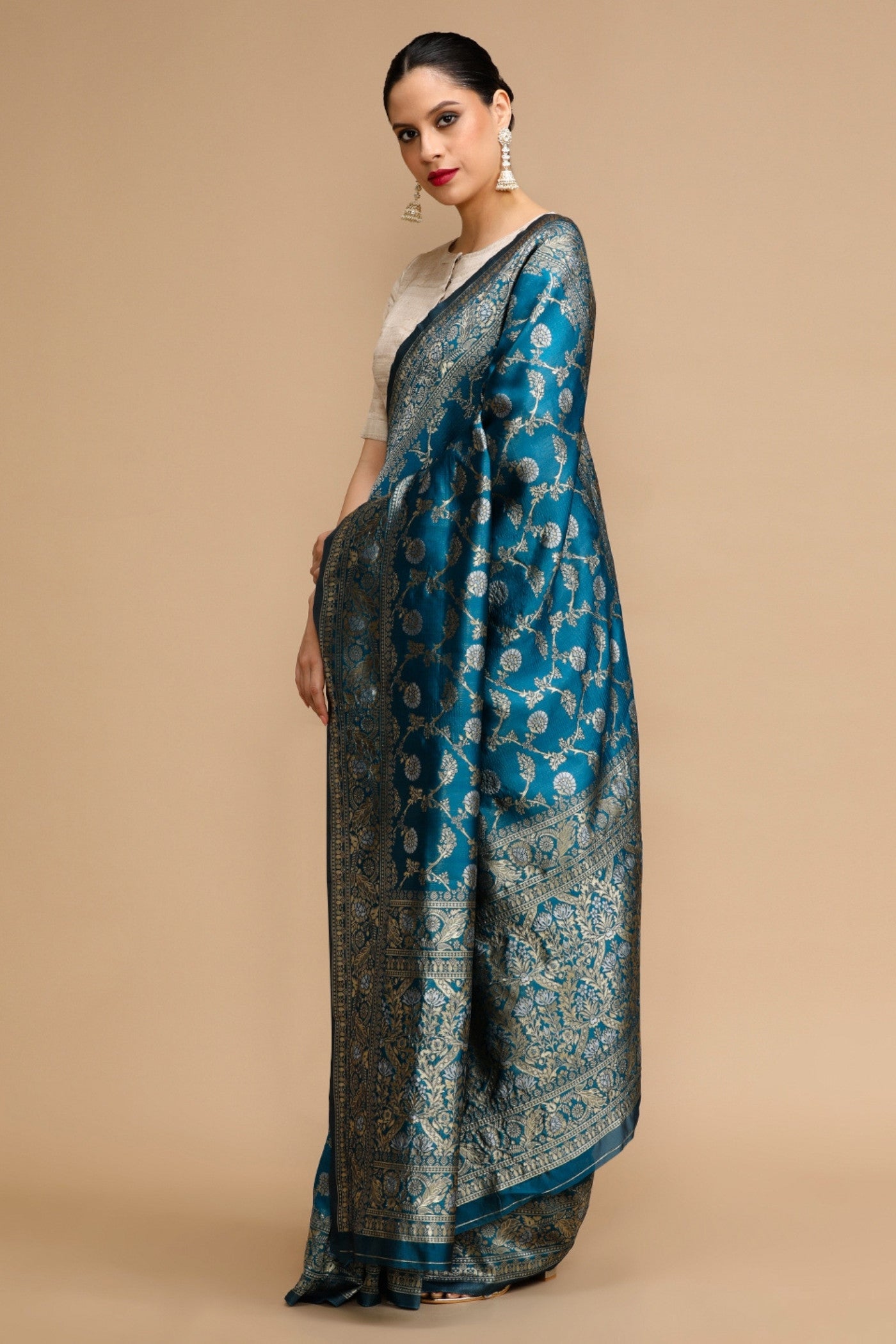 Buy MySilkLove Ultramarine Blue Woven Jacquard Lichi Silk Saree Online