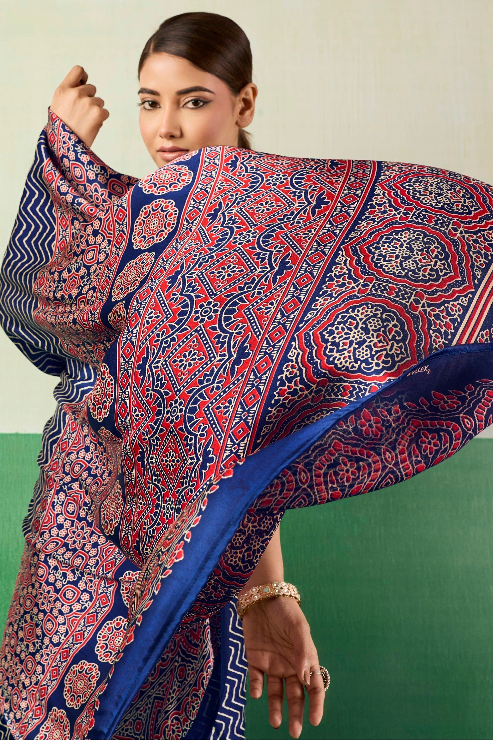 MySilkLove Electric Blue Modal Ajrakh Satin Printed Silk Saree