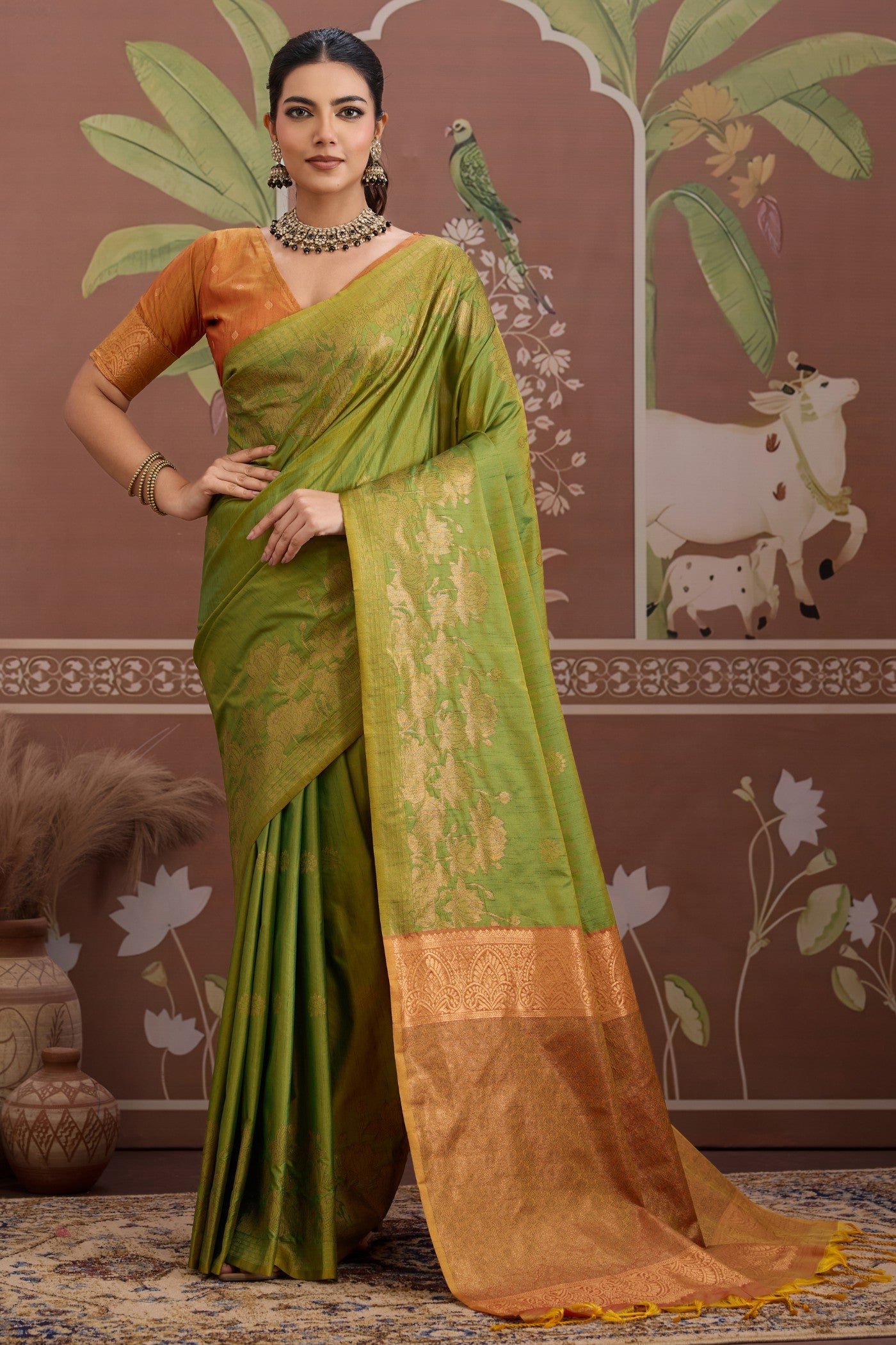 Buy MySilkLove Charteuse Green Banarasi Handloom Tussar Saree Online