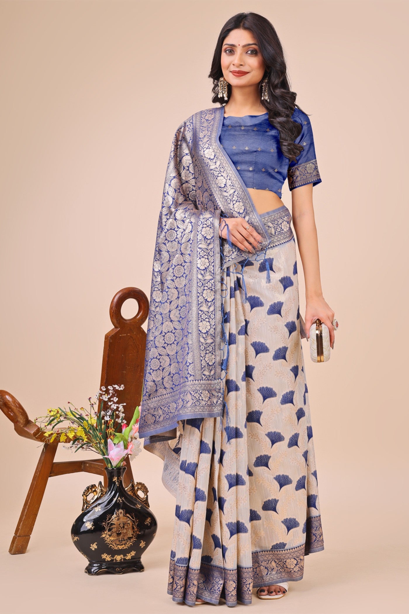 Buy MySilkLove Daisy White and Blue Linen Cotton Saree Online