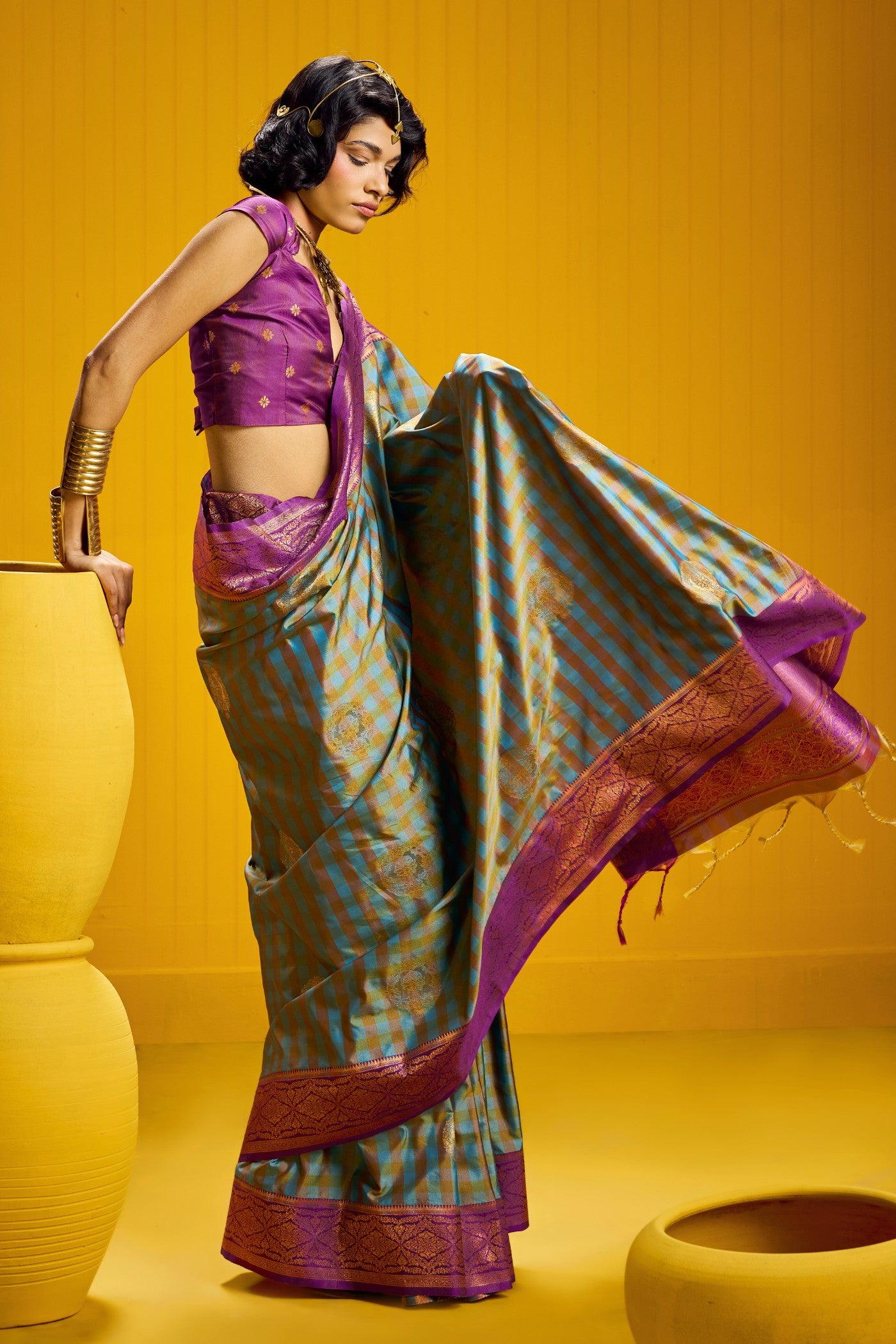 Buy MySilkLove Slate Blue Banarasi Two Tone Checks Handloom Saree Online