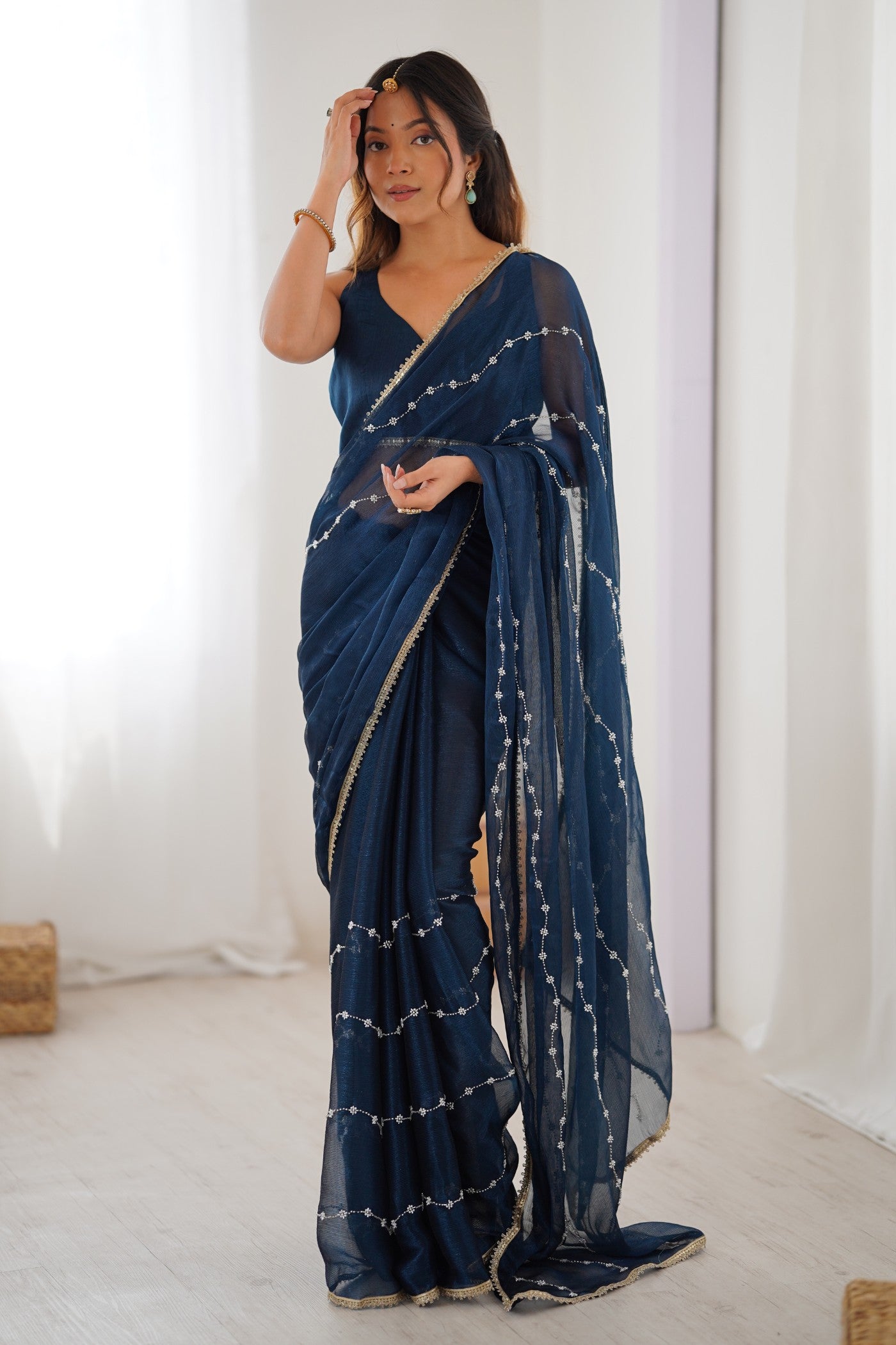 Buy MySilkLove Navy Blue Chiffon Partywear Saree Online