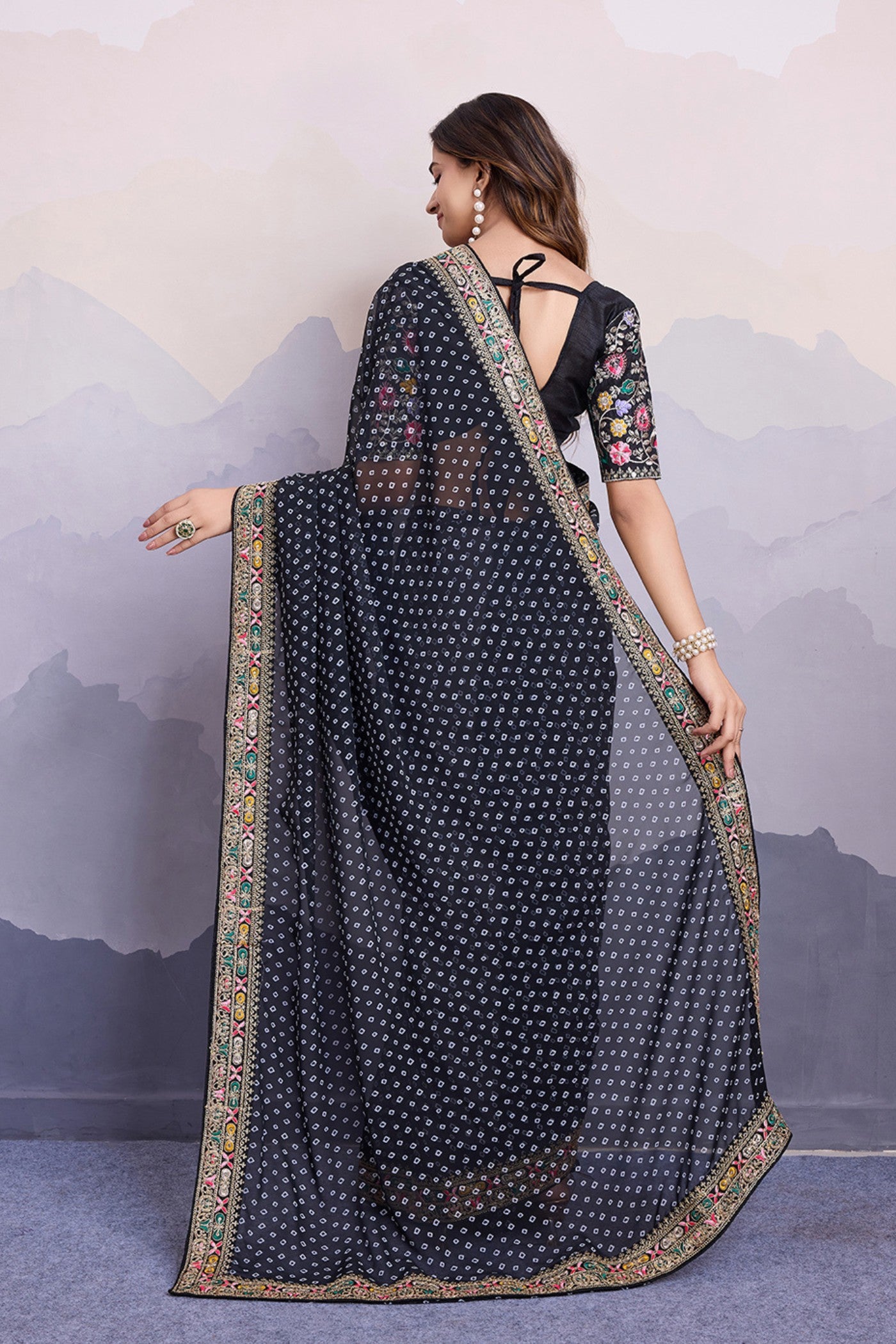 Buy MySilkLove Black Raisins Bandhani Georgette Printed Partywear Saree Online