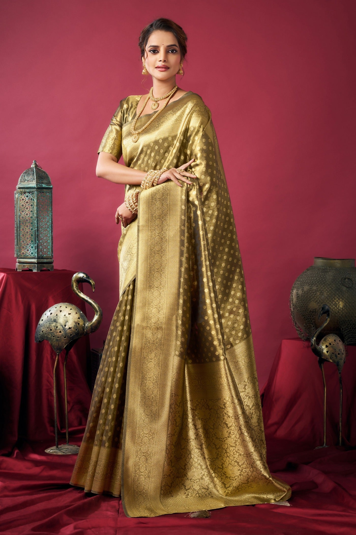 Buy MySilkLove Cadmium Green Handloom Tissue Silk Saree Online