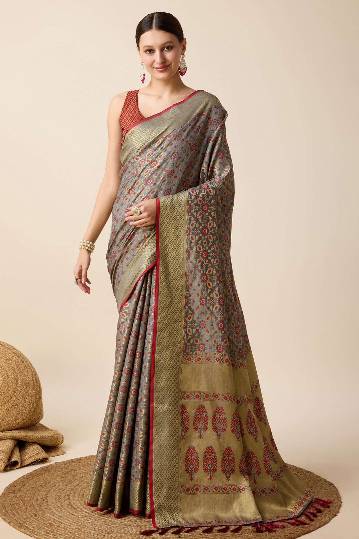 Buy MySilkLove Gunmetal Grey Zari Woven Banarasi Saree Online