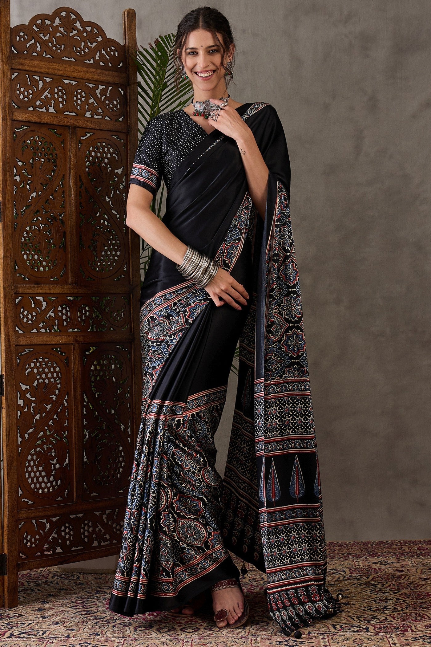 Buy MySilkLove Metal Black Ajrakh Printed Satin Gaji Silk Saree Online