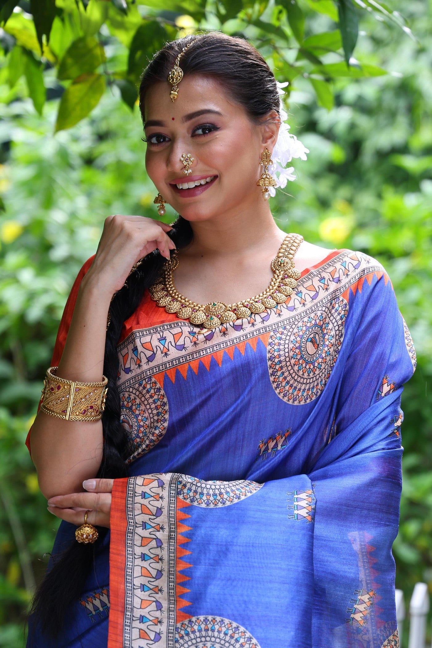 Buy MySilkLove Berkeley Blue Madhubani Tussar Printed Silk Saree Online