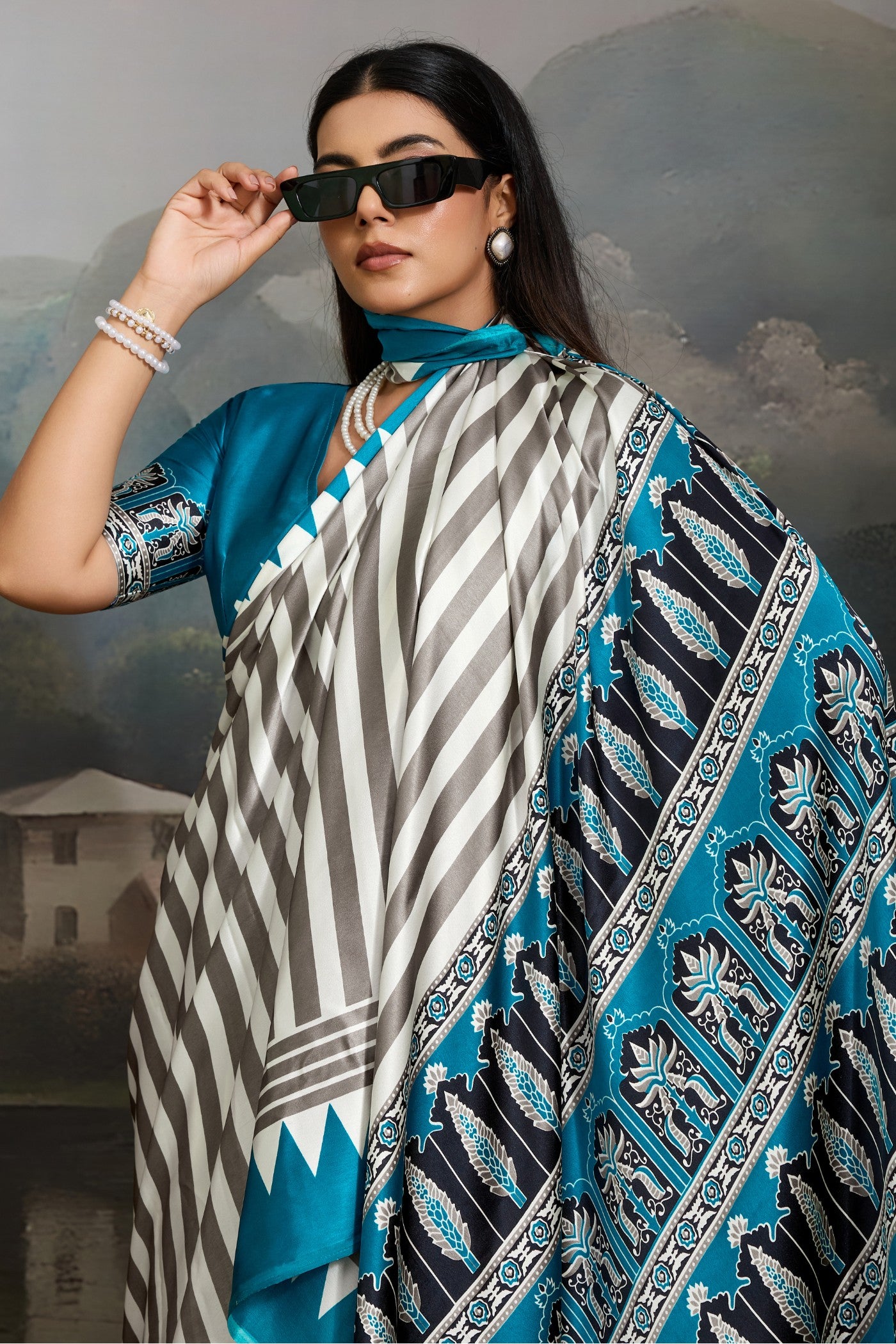 MySilkLove Snow White and Blue Ajrakh Printed Satin Crepe Silk Saree