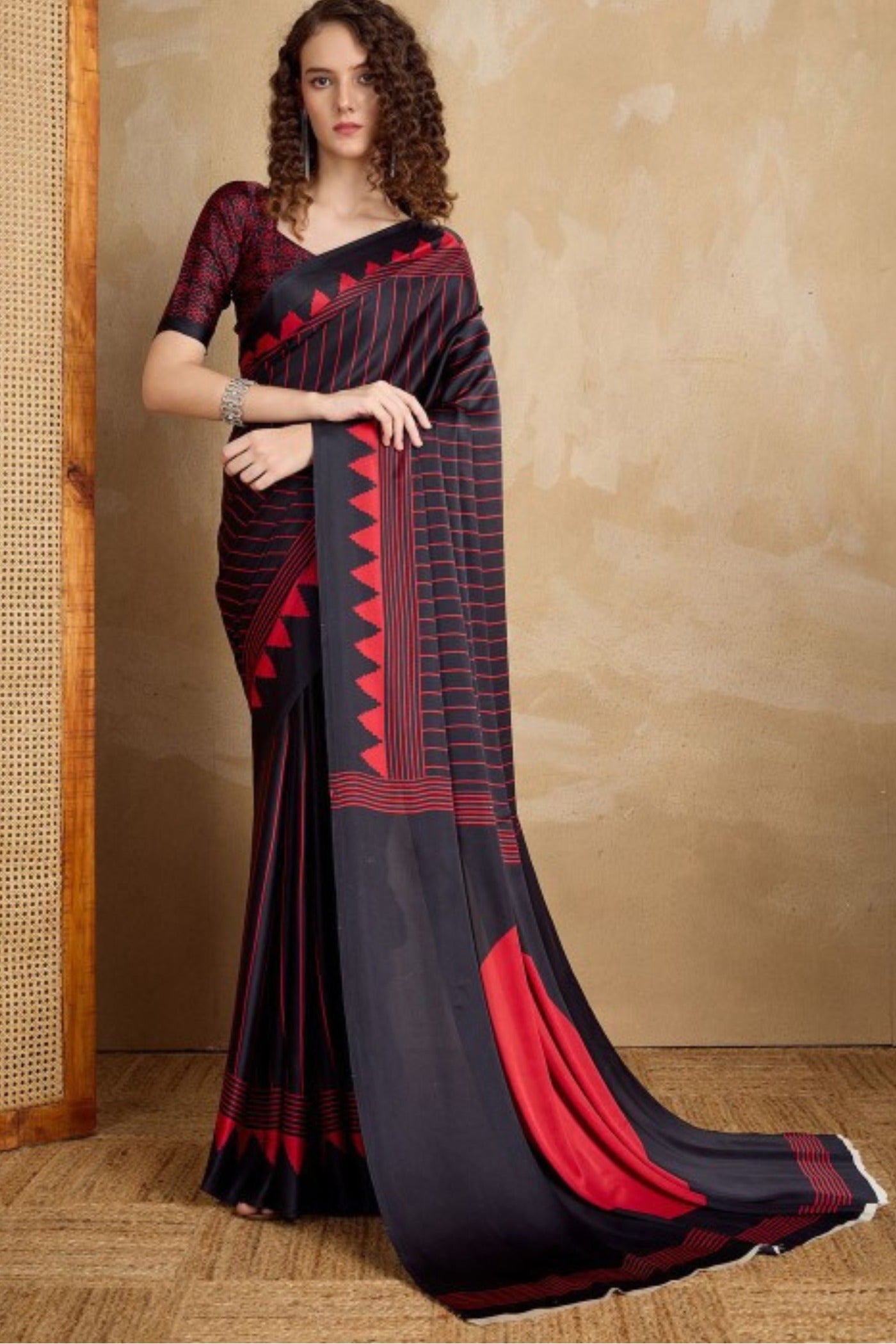 Buy MySilkLove Retro Black Ajrakh Printed Satin Crepe Silk Saree Online