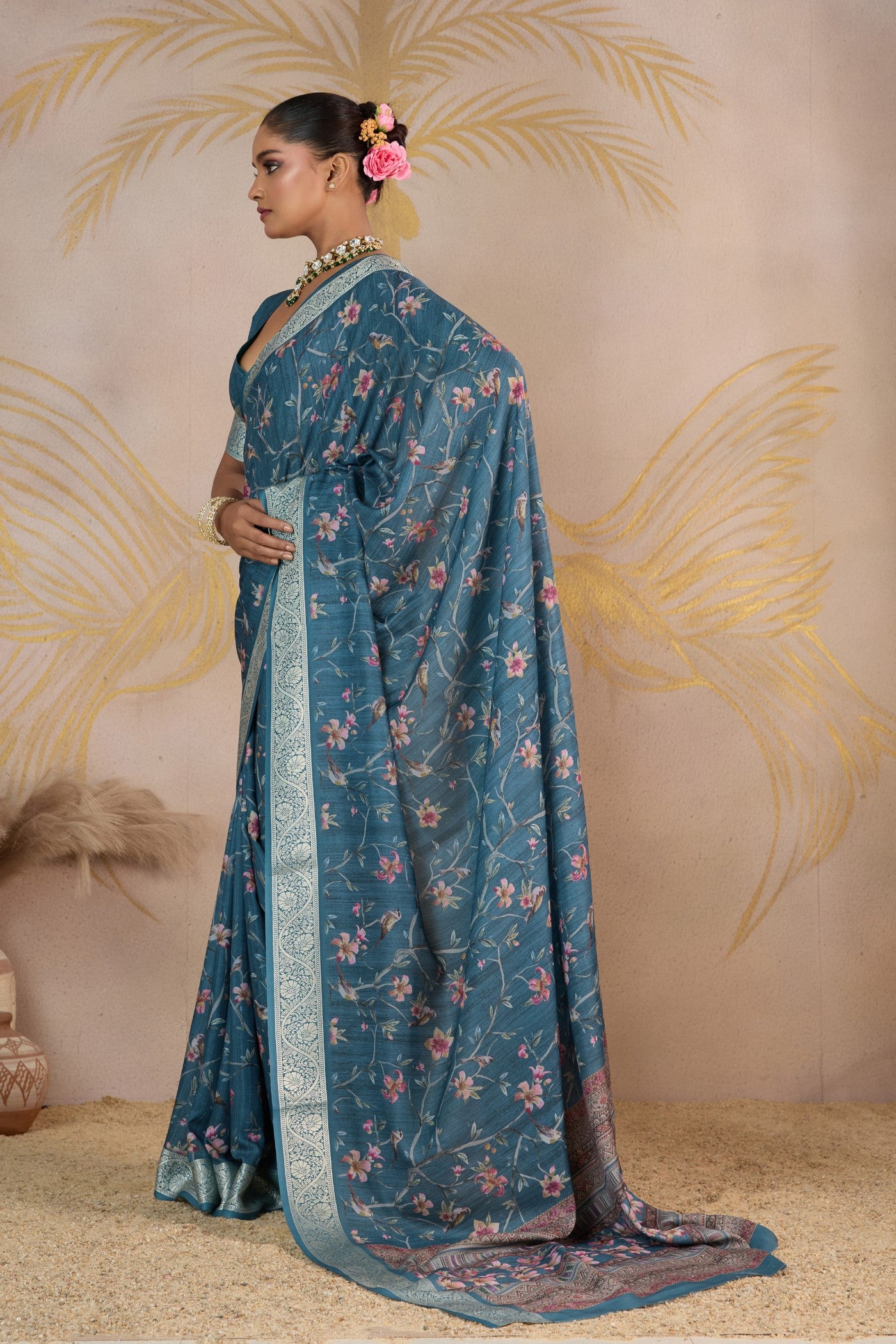 Buy MySilkLove Stormy Blue Viscose Digital Printed Saree Online