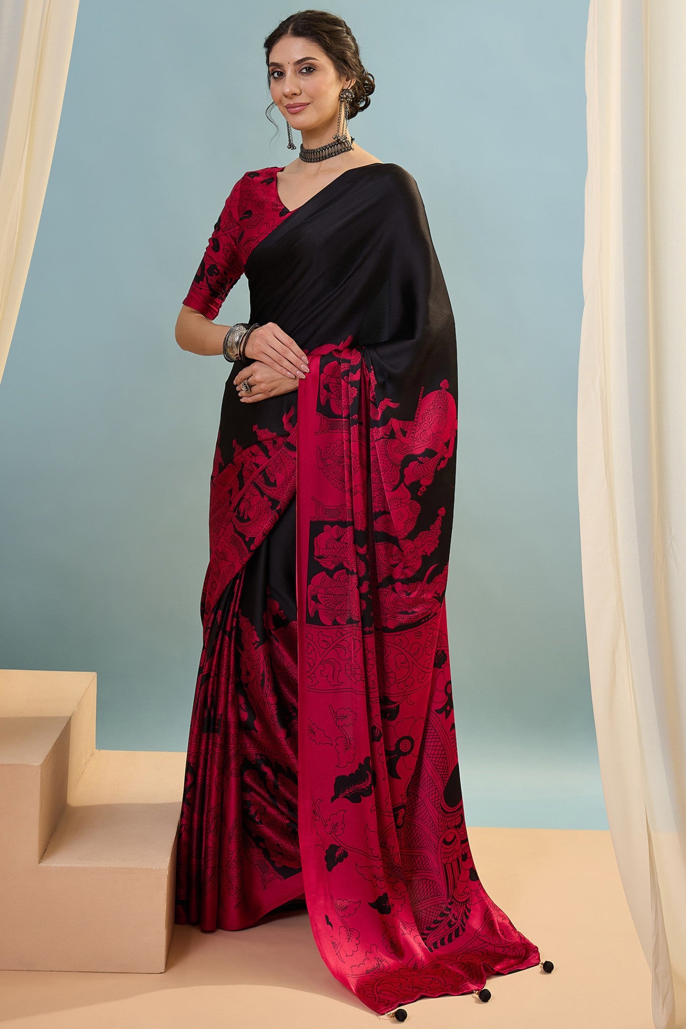 Buy MySilkLove Charleston Black Ajrakh Printed Satin Crepe Silk Saree Online