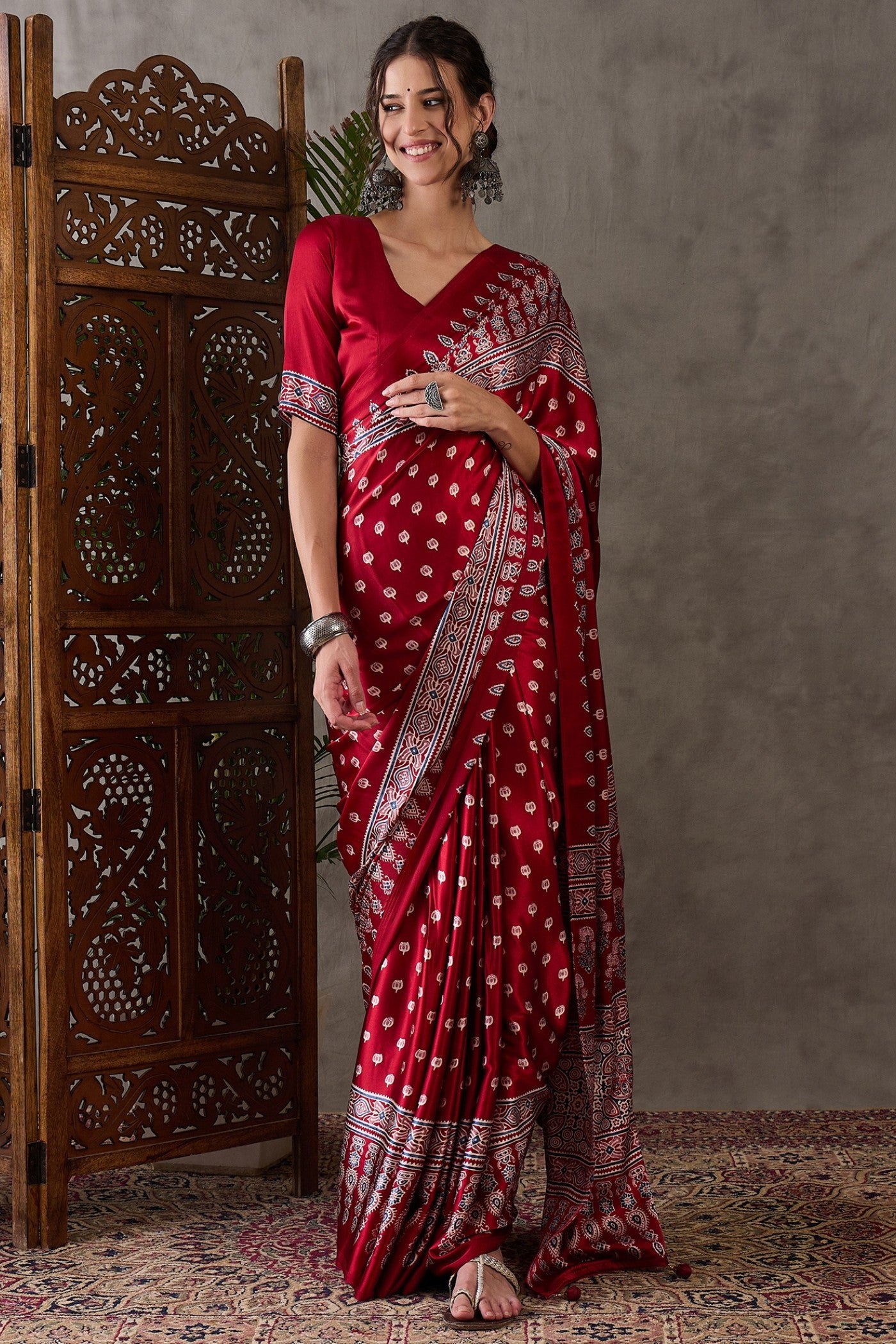 Buy MySilkLove Dark Rose Red Printed Satin Gaji Silk Saree Online