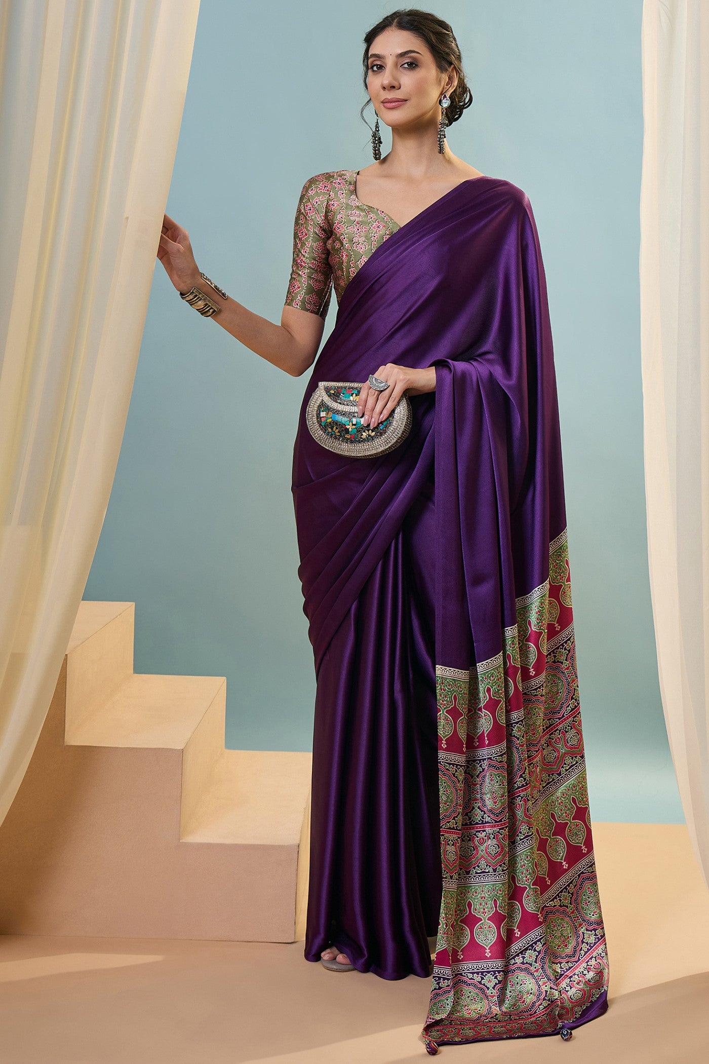 Buy MySilkLove Starlit Purple Ajrakh Printed Satin Crepe Silk Saree Online