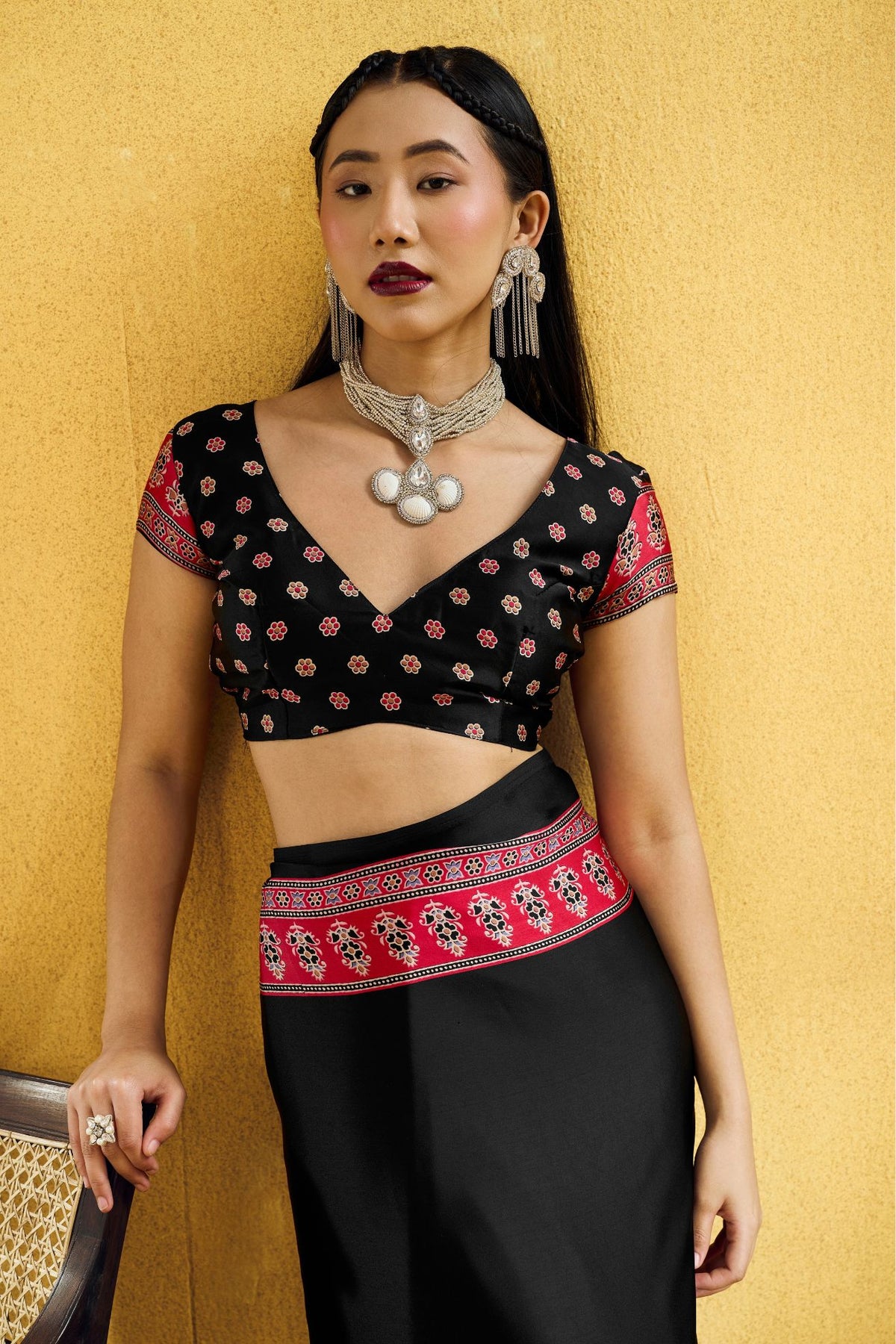Buy MySilkLove Onyx Black Modal Ajrakh Satin Printed Silk Saree Online