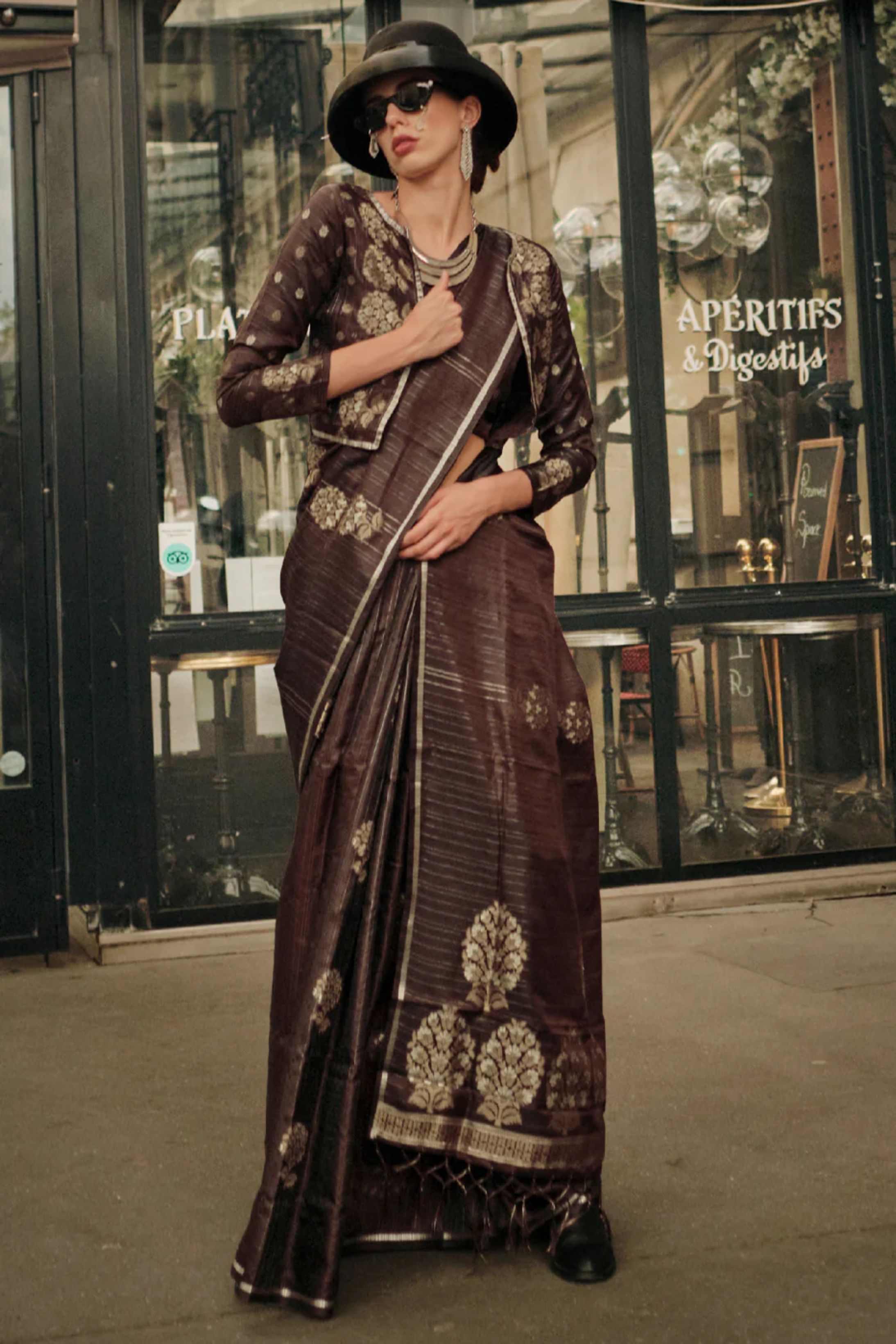 Buy MySilkLove English Walnut Brown Woven Banarasi Satin Silk Saree Online
