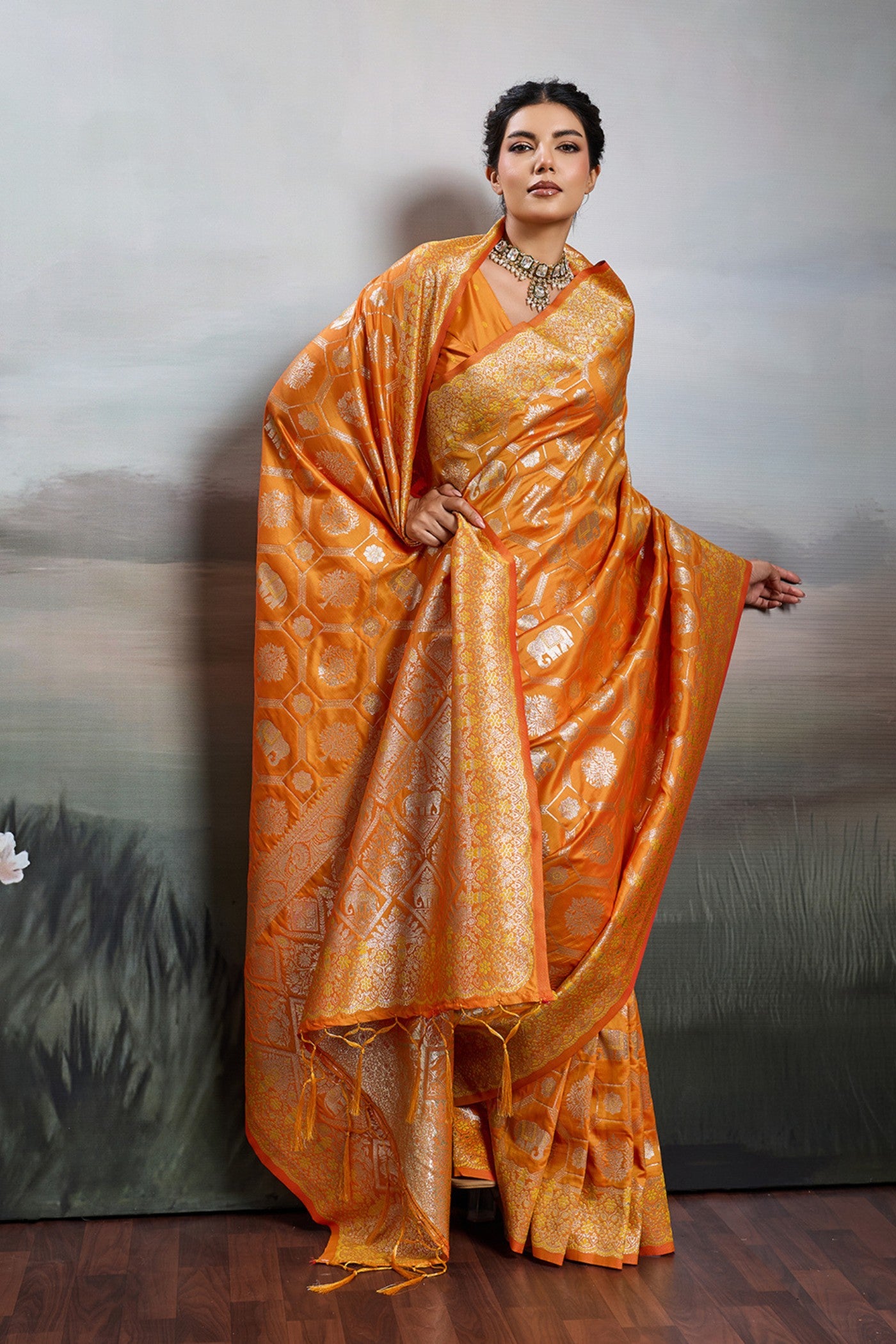 Buy MySilkLove Gold Yellow Woven Banarasi Soft Silk Saree Online