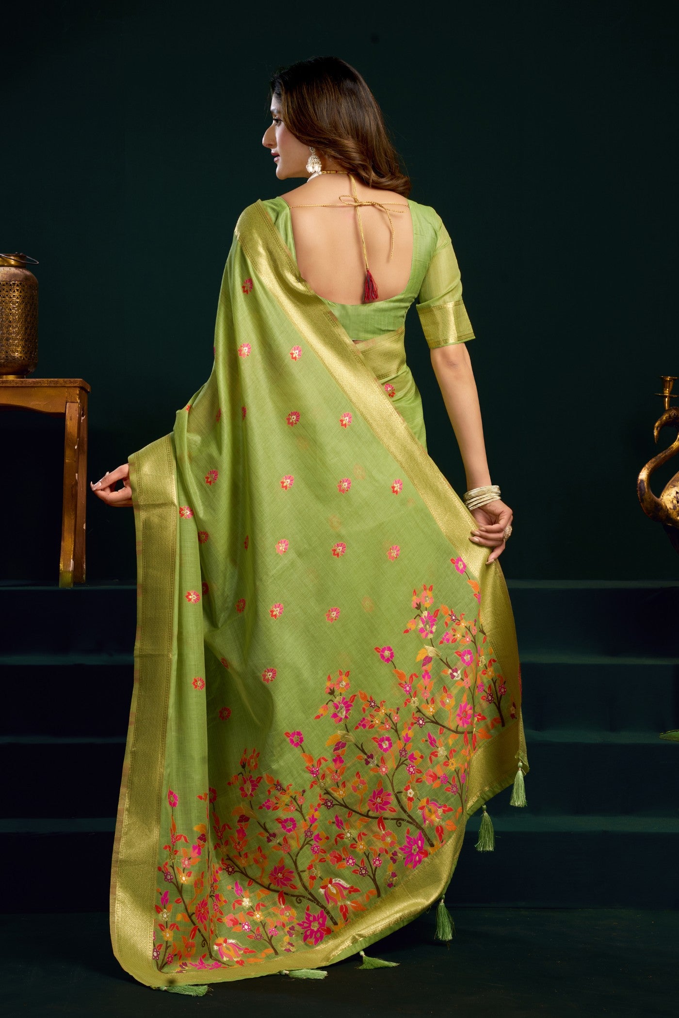 Buy MySilkLove Artichoke Green Handloom Muga Cotton Saree Online