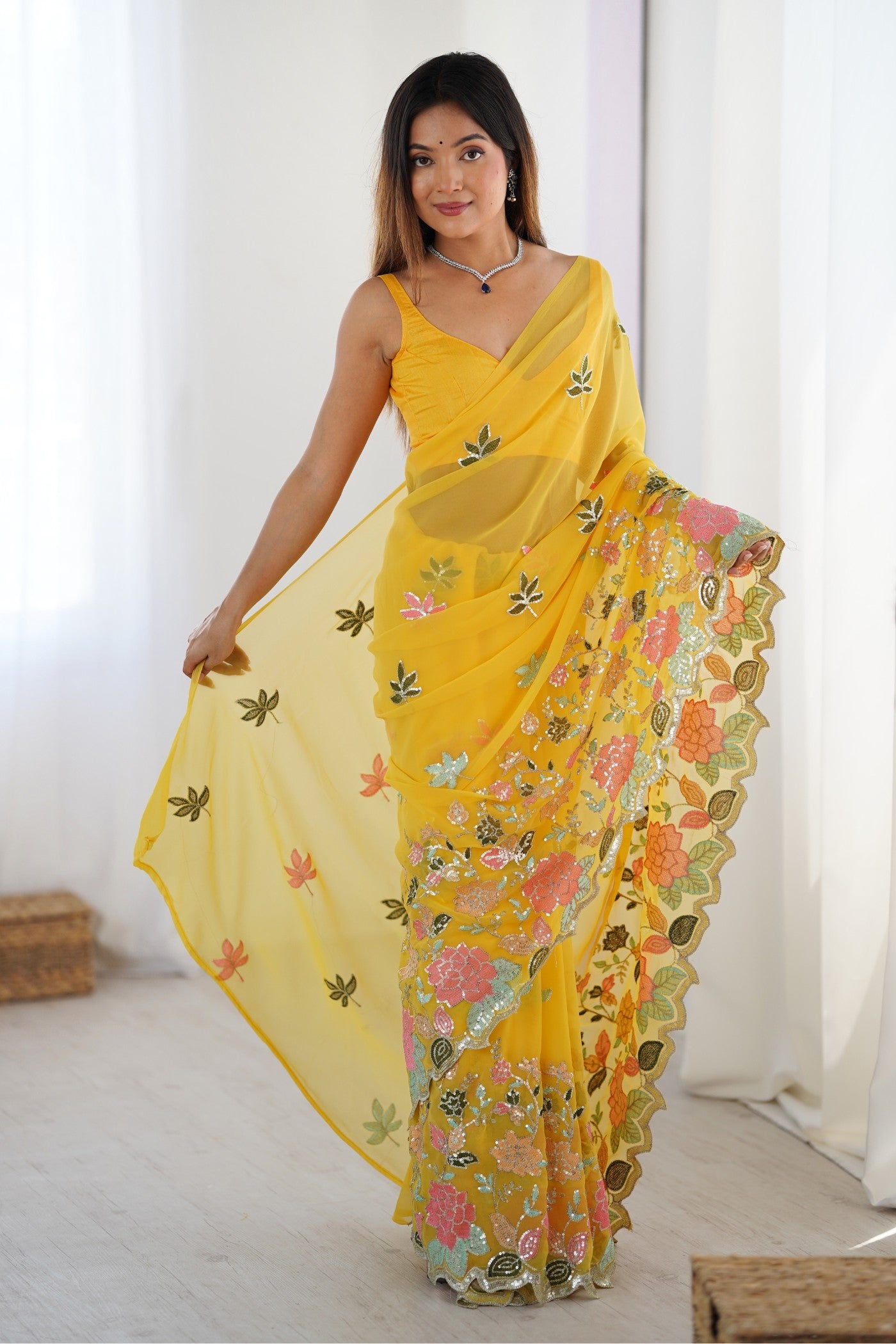 Buy MySilkLove Sunny Yellow Yellow Georgette Partwaer Saree Online