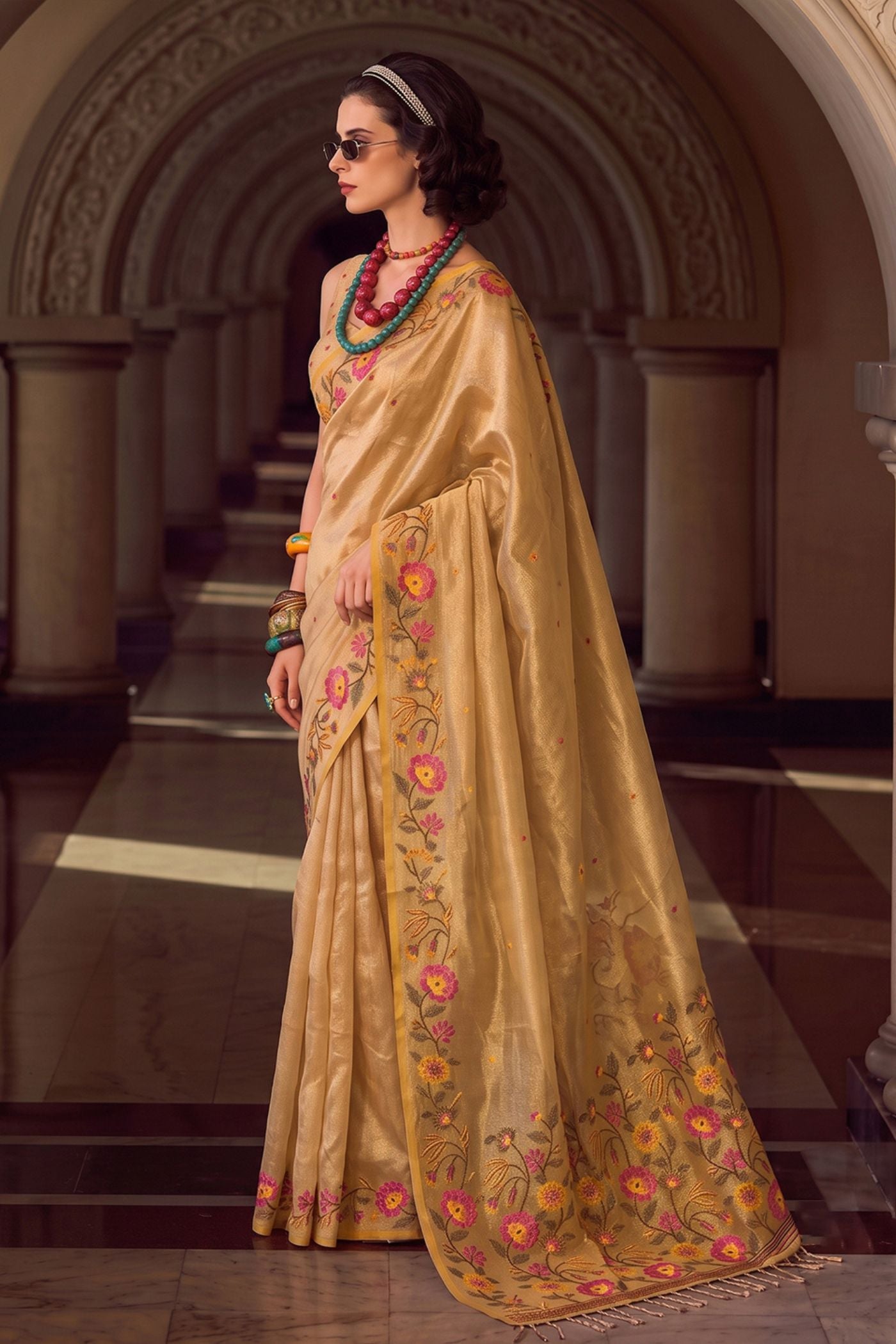 Buy MySilkLove Sunshine Yellow Woven Floral Tissue Saree Online