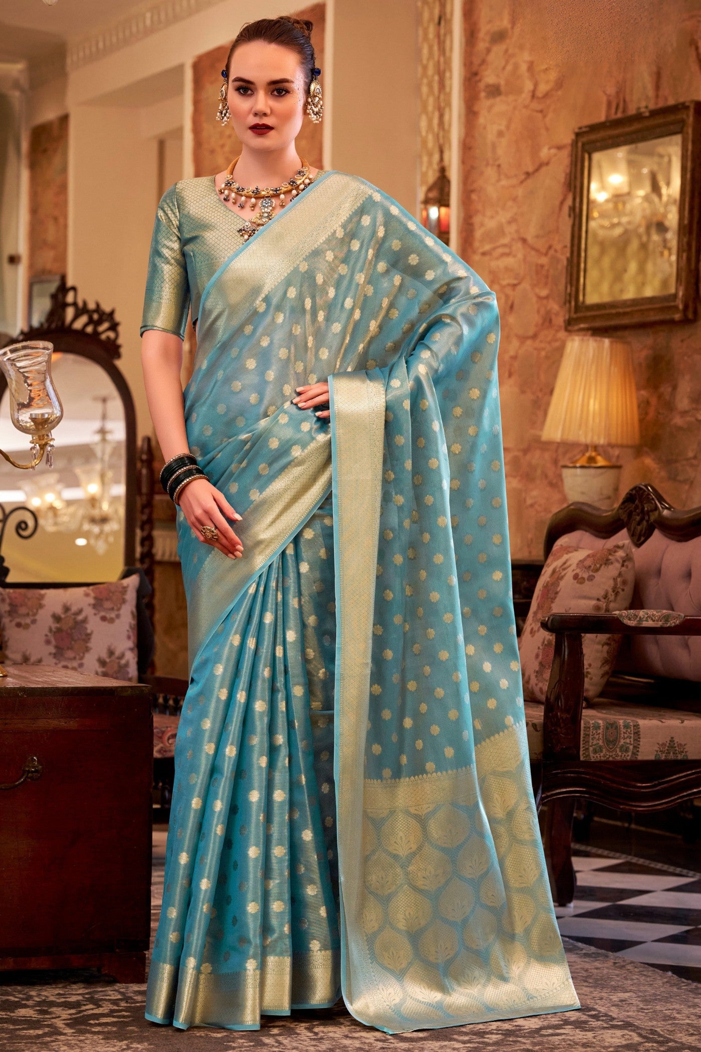 Buy MySilkLove Yale Blue Woven Tissue Silk Saree Online