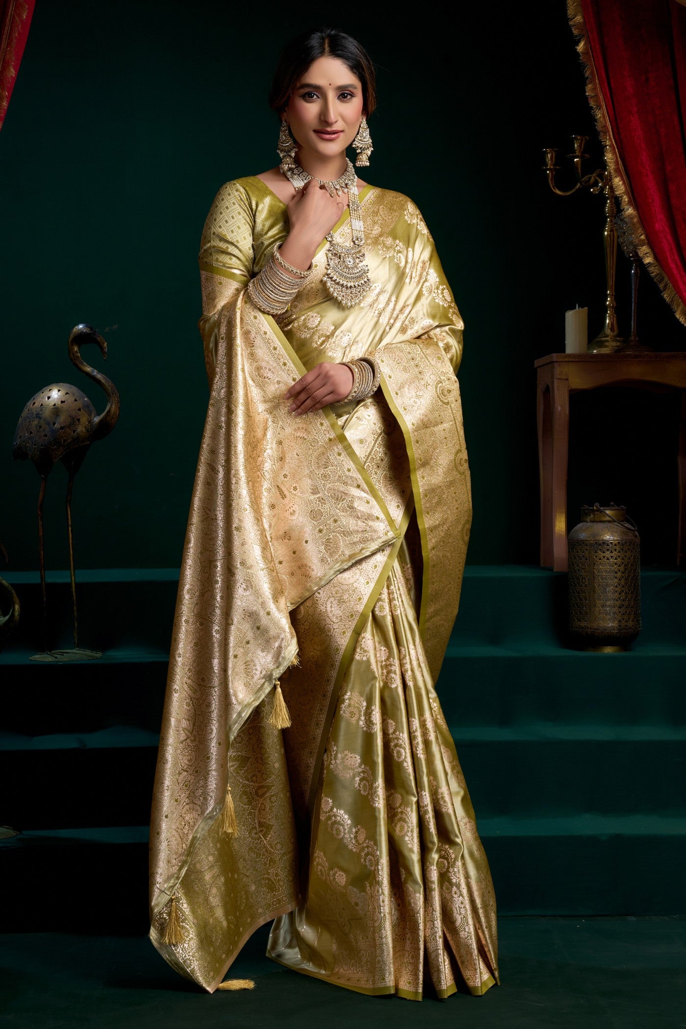 Buy MySilkLove Artichoke Green Banarasi Handloom Satin Soft Silk Saree Online