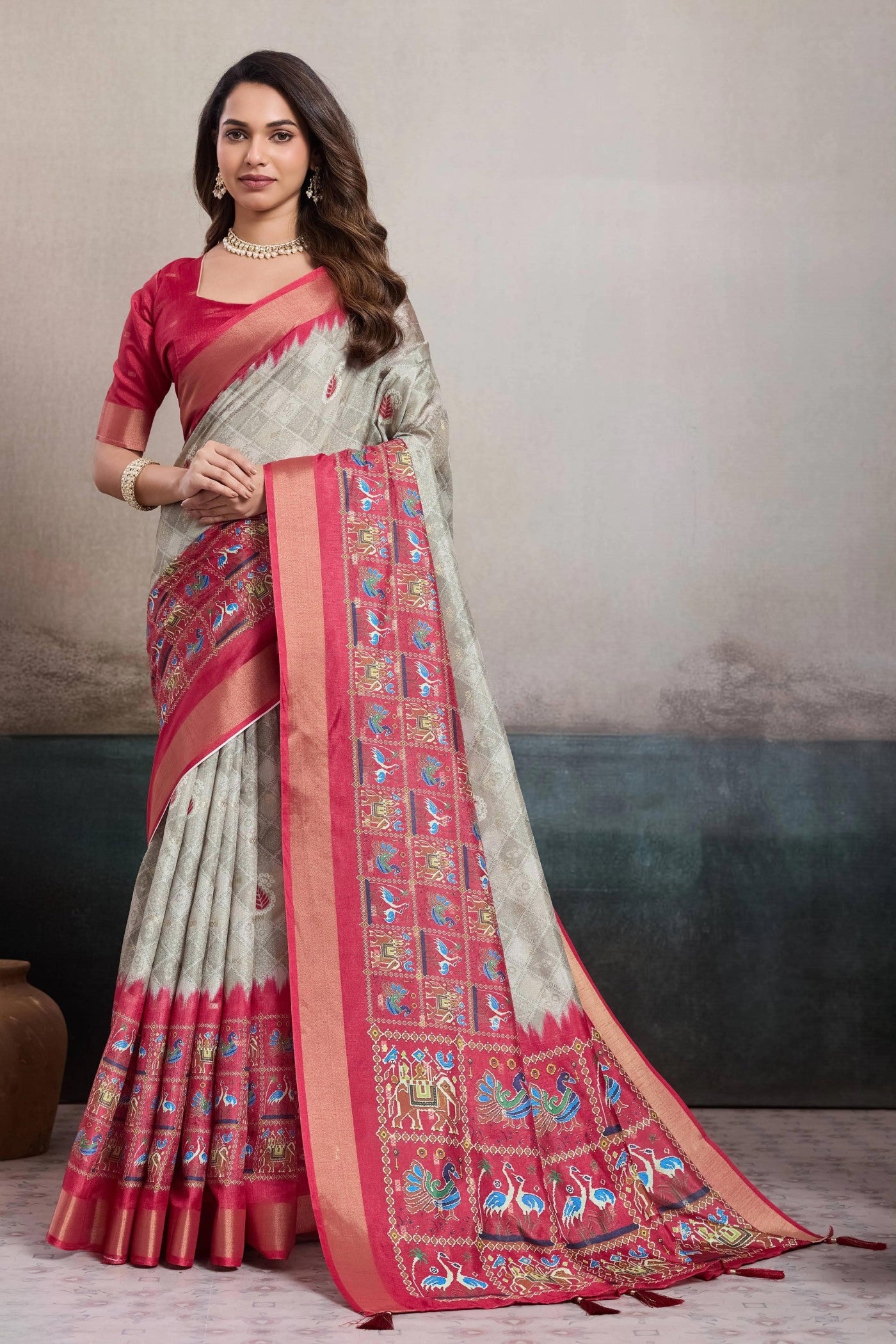 Buy MySilkLove Wood Grey and Pink Digital Printed Saree Online