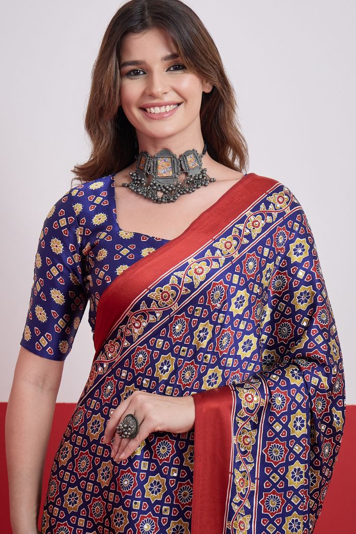 Buy MySilkLove Azure Blue Modal Ajrakh Satin Printed Mirror Work Saree Online