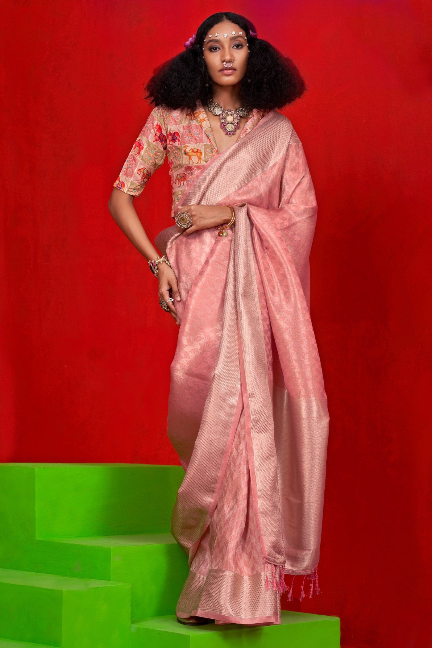 Buy MySilkLove Salmon Peach Woven Tissue Silk Saree Online