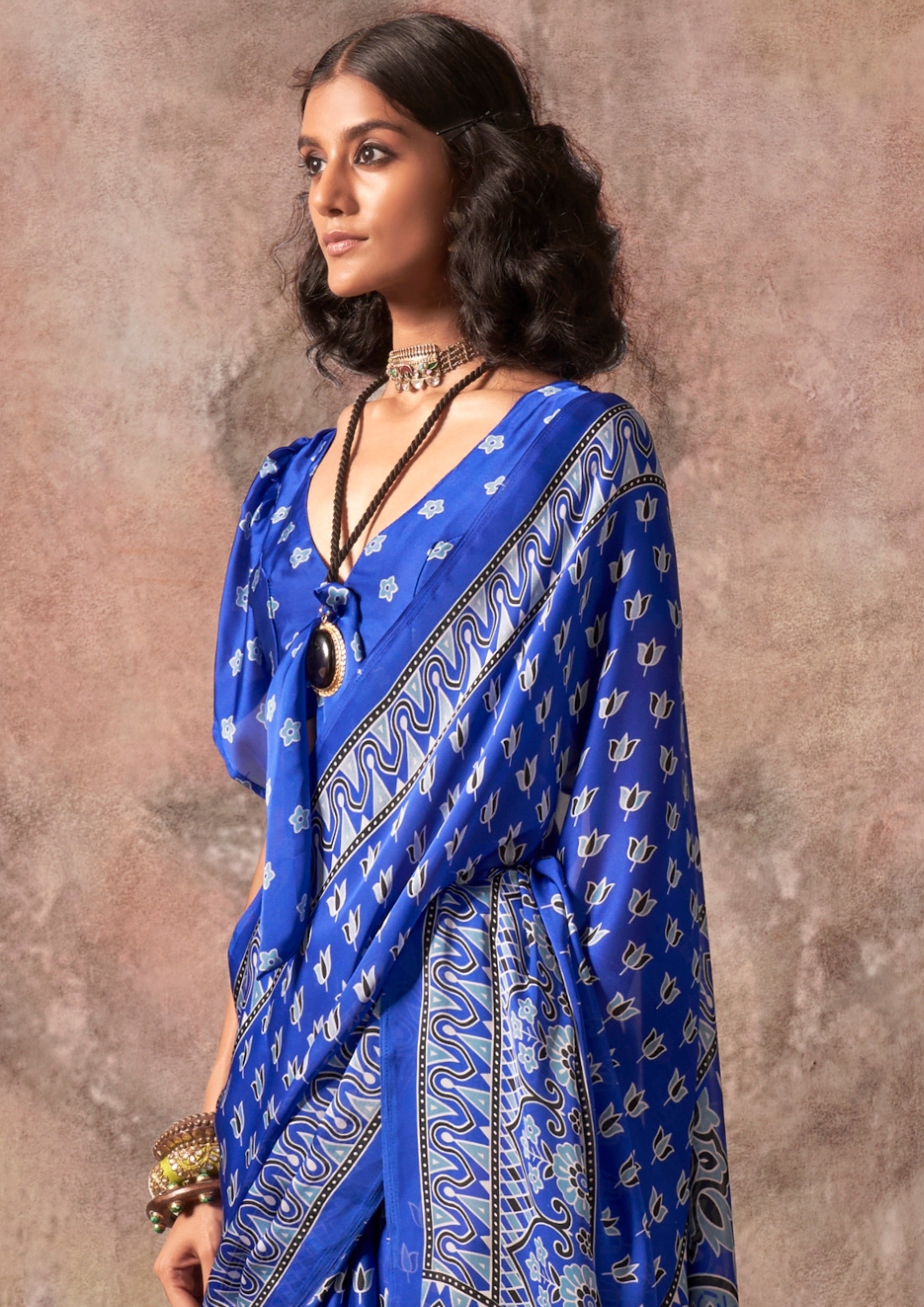 Buy MySilkLove Lazuli Blue Ajrakh Printed Satin Georgette Silk Saree Online