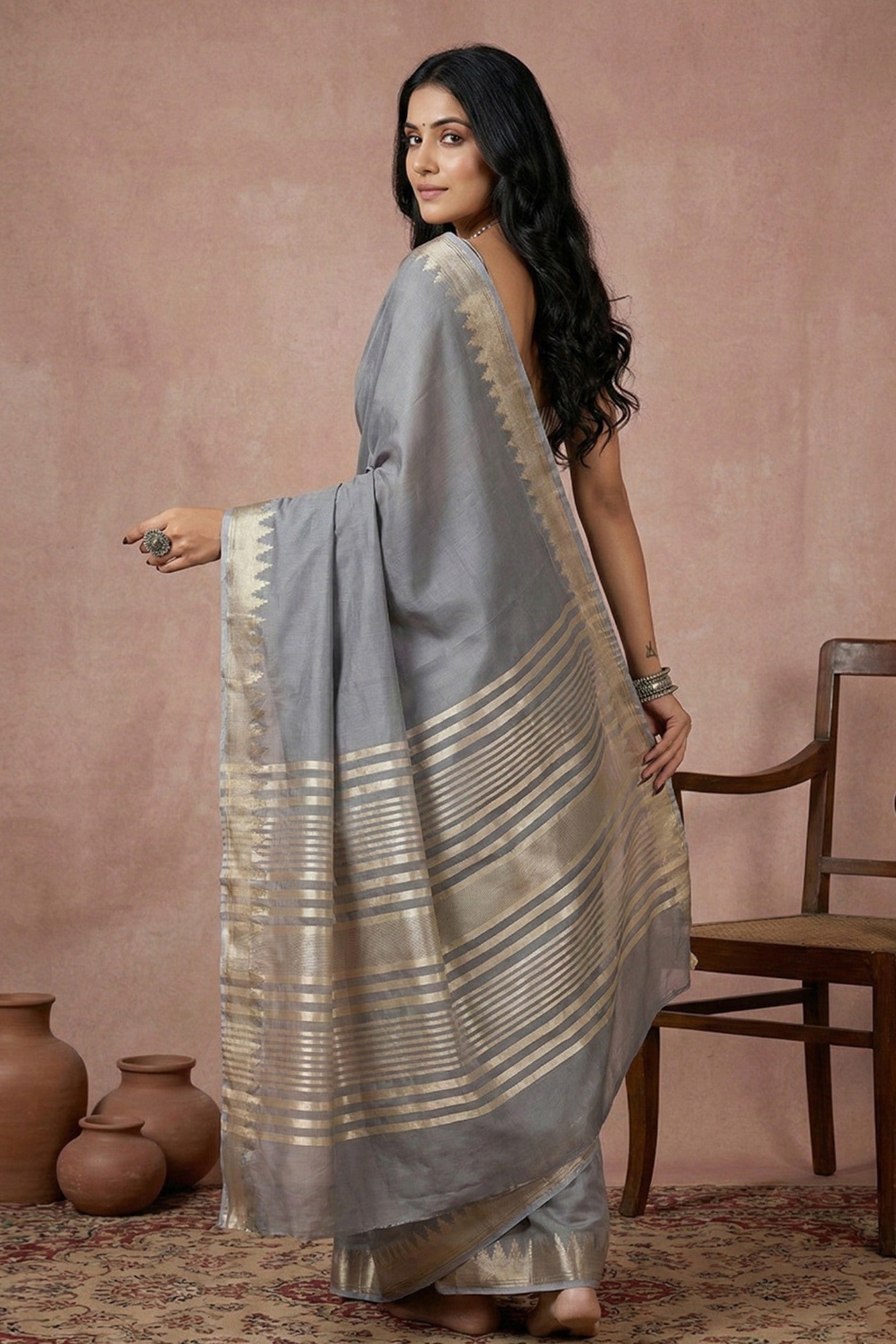Buy MySilkLove Cadet Grey Woven Banarasi Soft Silk Saree Online