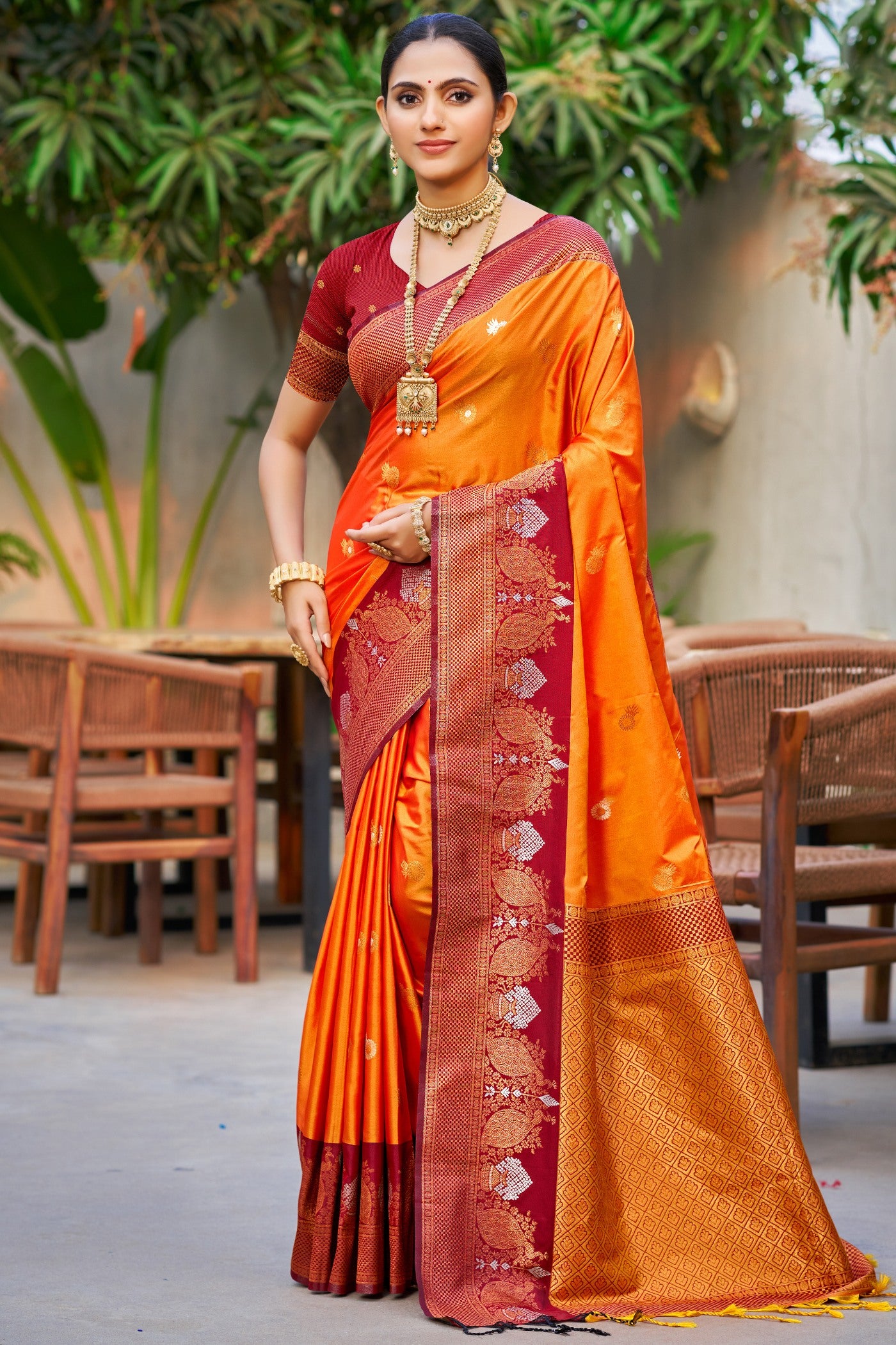 Buy MySilkLove Neon Orange Woven Banarasi Saree Online