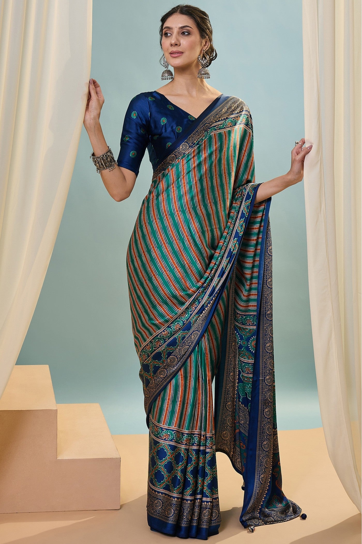 Buy MySilkLove Runic Blue Ajrakh Printed Satin Crepe Silk Saree Online