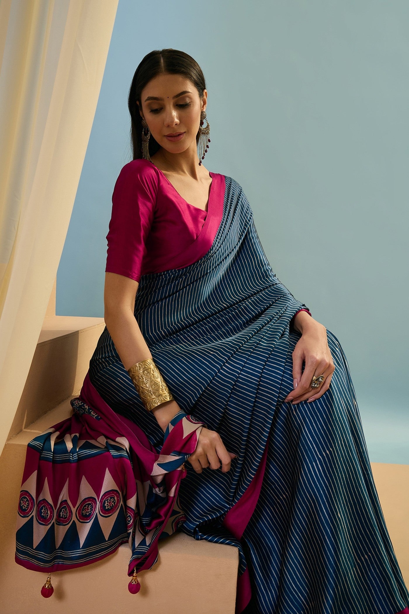 Buy MySilkLove Oxford Blue Ajrakh Printed Satin Crepe Silk Saree Online