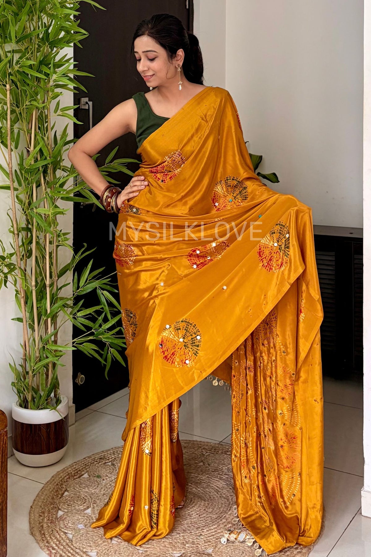 Buy MySilkLove Antique Yellow Satin Printed Bandhani Mirror Work Saree Online