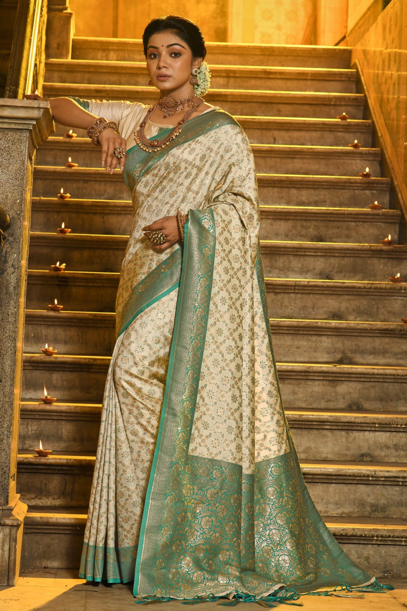 Buy MySilkLove Oyster Cream Woven Banarasi Saree Online