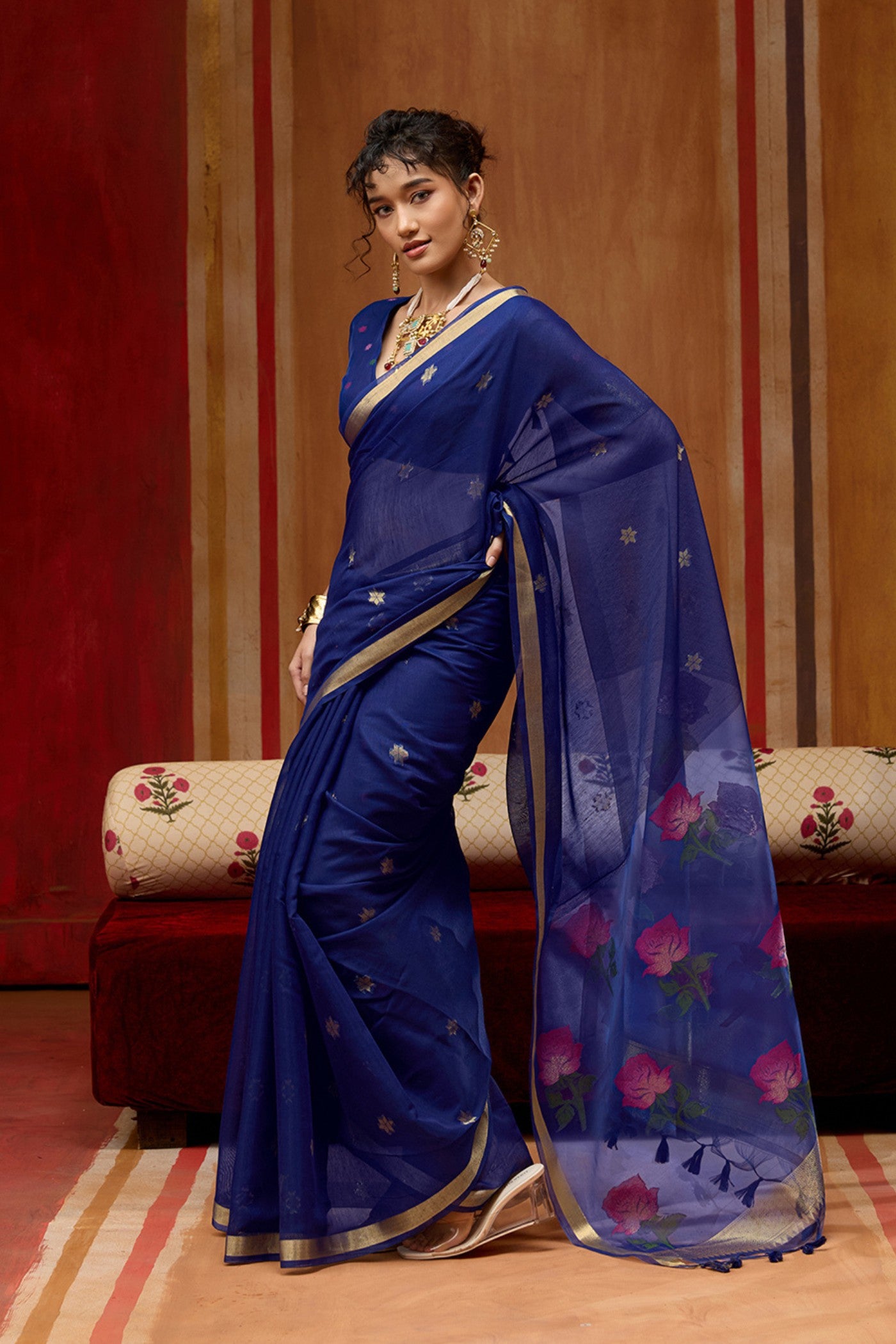 Buy MySilkLove Chill Blue Handloom Muga Cotton Saree Online