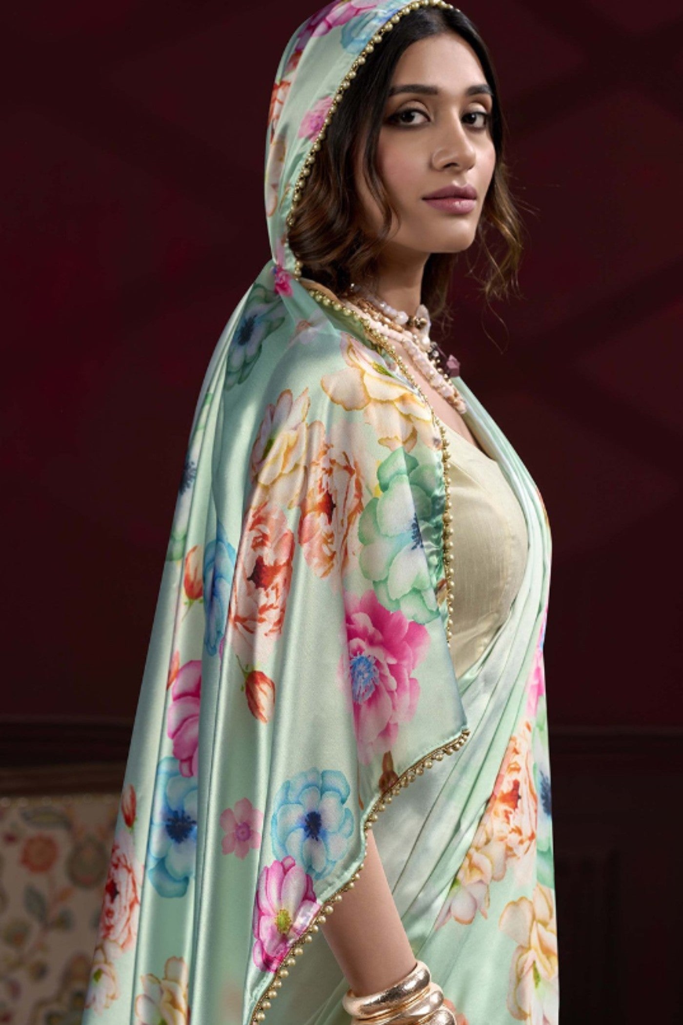 Buy MySilkLove Seafoam Green Floral Printed Satin Silk Saree Online
